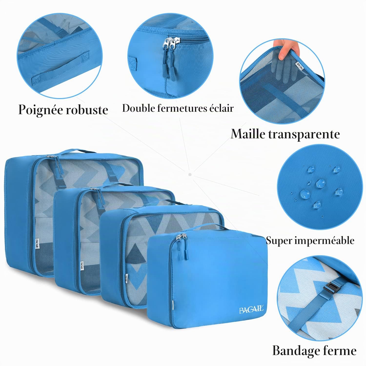 BAGAIL Set de 8 cubes de rangement pour valise, organisateurs légers pour bagages et accessoires de voyage, Bleu