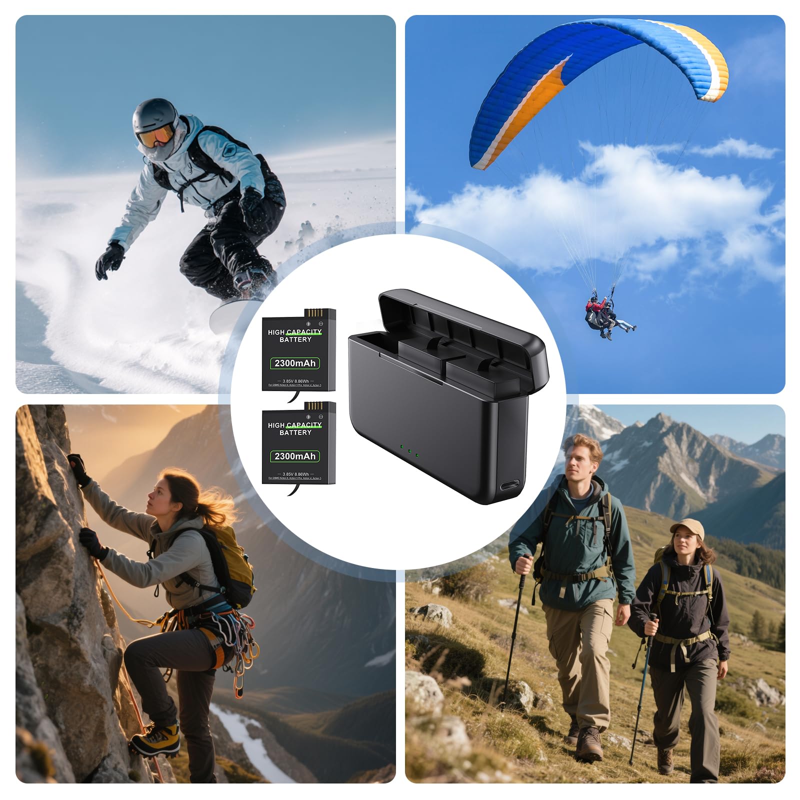 Confezione da 3 batterie per OSMO Action 6 con caricabatterie, 2300 mAh, batterie compatibili con DJI OSMO Action 6, Action 5 Pro, Action 4, Action 3 e OSMO 360