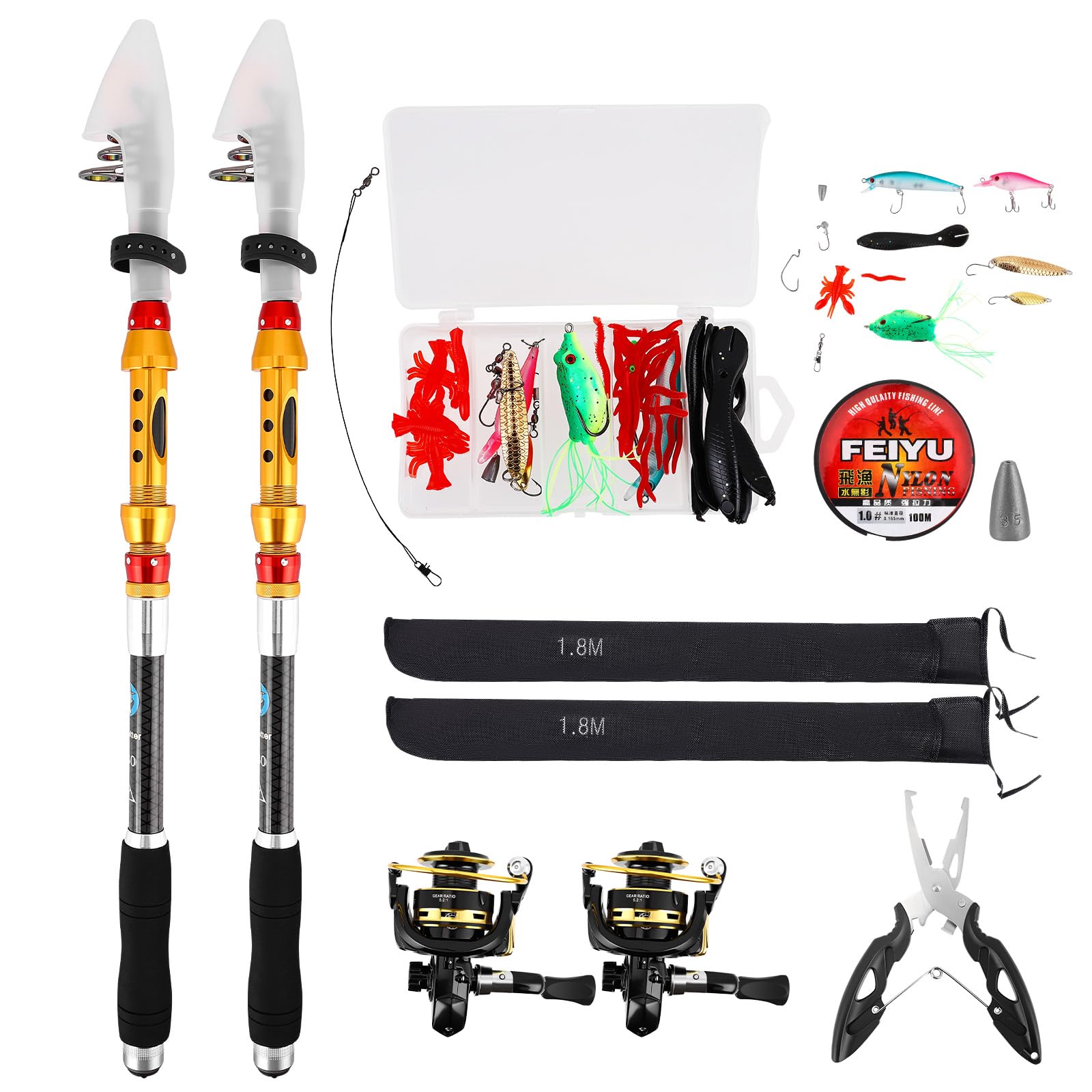 Telescopic Fishing Rod and Reel Combo Set,2PCS Metal Fishing Pole Kit with Line/Lures Accessories/Carrier Bag,1.8m Travel Fishing Rod Combo for Starter Saltwater Freshwater
