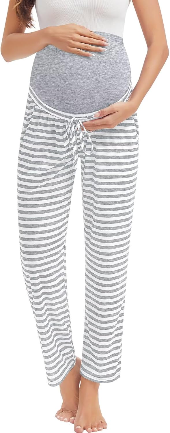 SWOMOG Women's Maternity Pajama Pants Over The Belly Pregnancy Pants Stretchy Lounge Wide Leg Trousers with Pockets - Image 2