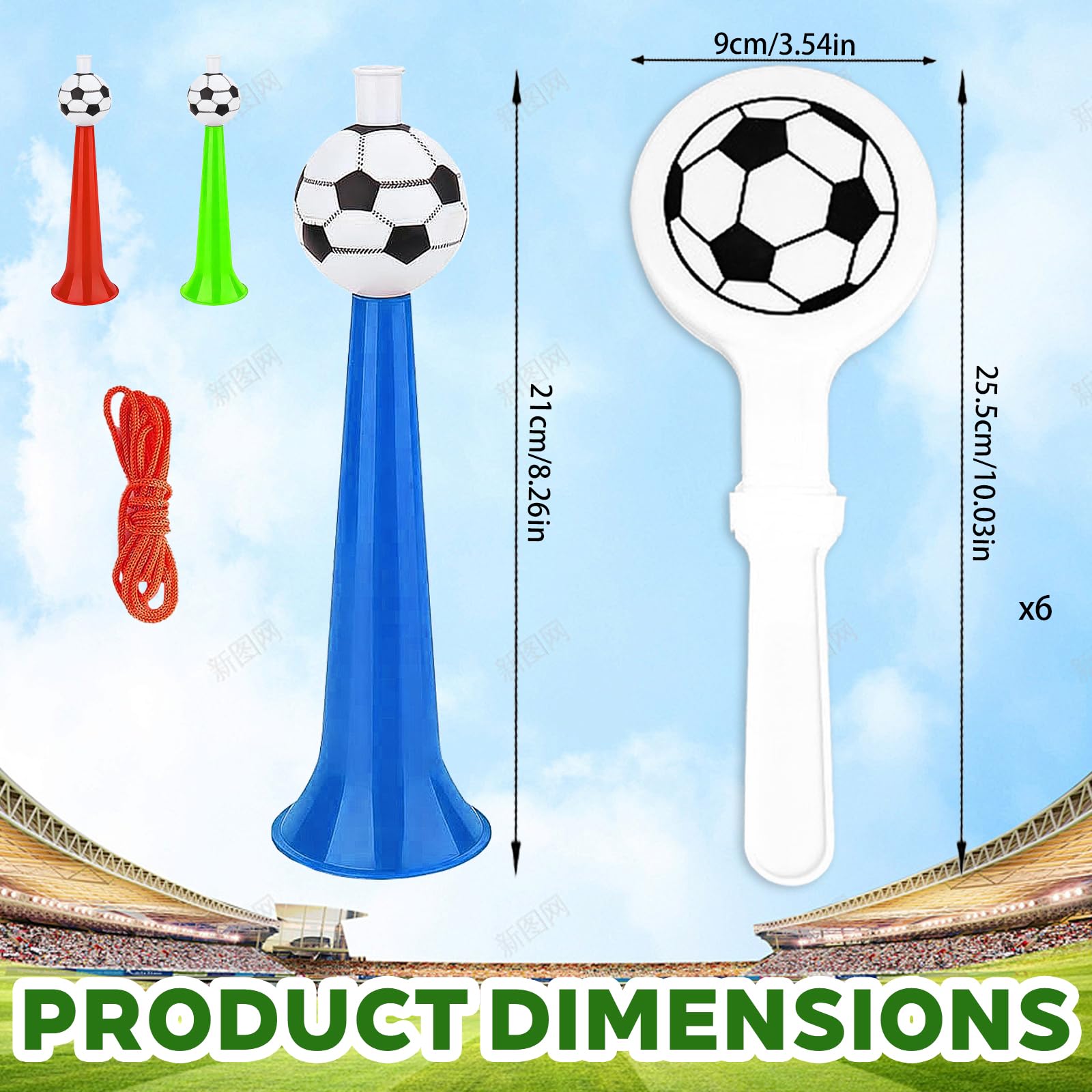 Vuvuzela - Lot de Football Tröte 3 - Avec 6 claque à main football - Selon les fans de football - pour Événements Sportifs, Remise de Diplôme, Fête, Coupe du monde