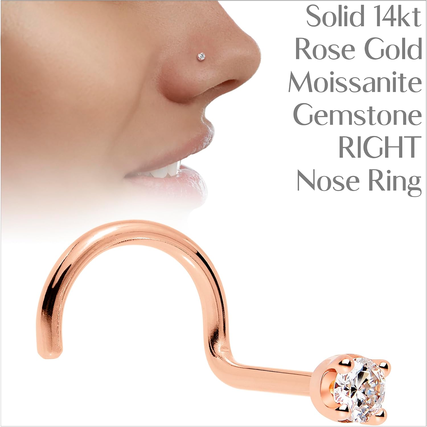 Body Candy 14k Solid Gold Nose Ring Studs -2mm Moissanite Right Side Nose Ring 20 Gauge Real Rose Gold Nose Ring Piercing Jewelry - 14 K Gold Nose Stud, Nose Piercings, Gold Nose Studs for Women, Men