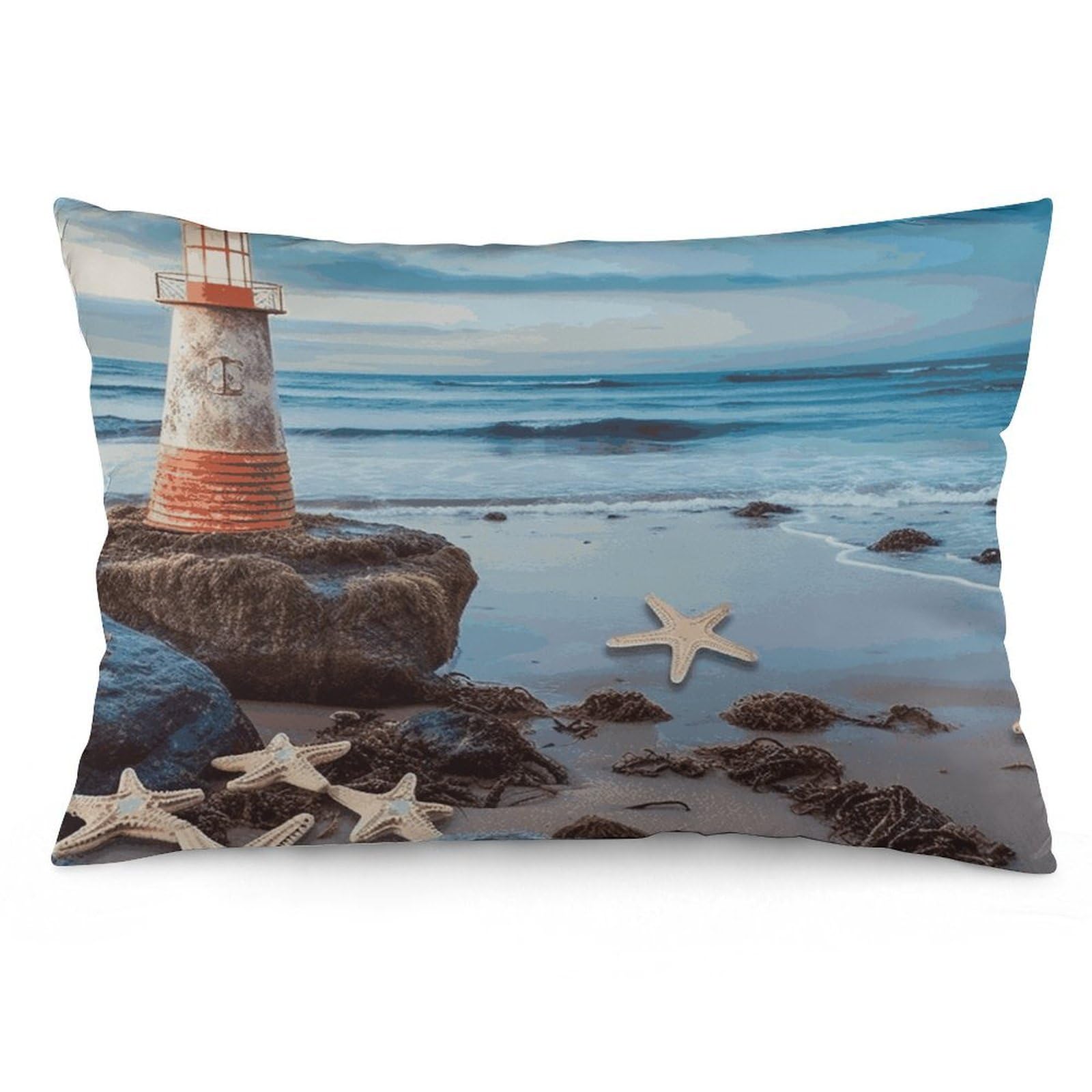 Starfish Lighthouse Beach Throw Pillow Covers with Silent Zipper Polyester Pillow Protectors Removable Pillow Cases Soft Pillowcase Cozy Pillow Sham Cushion Cover for Sofa Car Bed 12 "x20