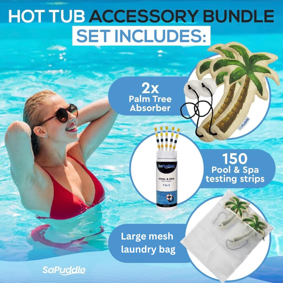 Hot Tub Scum Absorber Palm Tree Scum Absorber for Spa Hot Tubs - 2-Pack Scum and Oil Absorbing - Washable with 150 Water Test Strips - Keeps Your Hot Tub Sparkling Clean