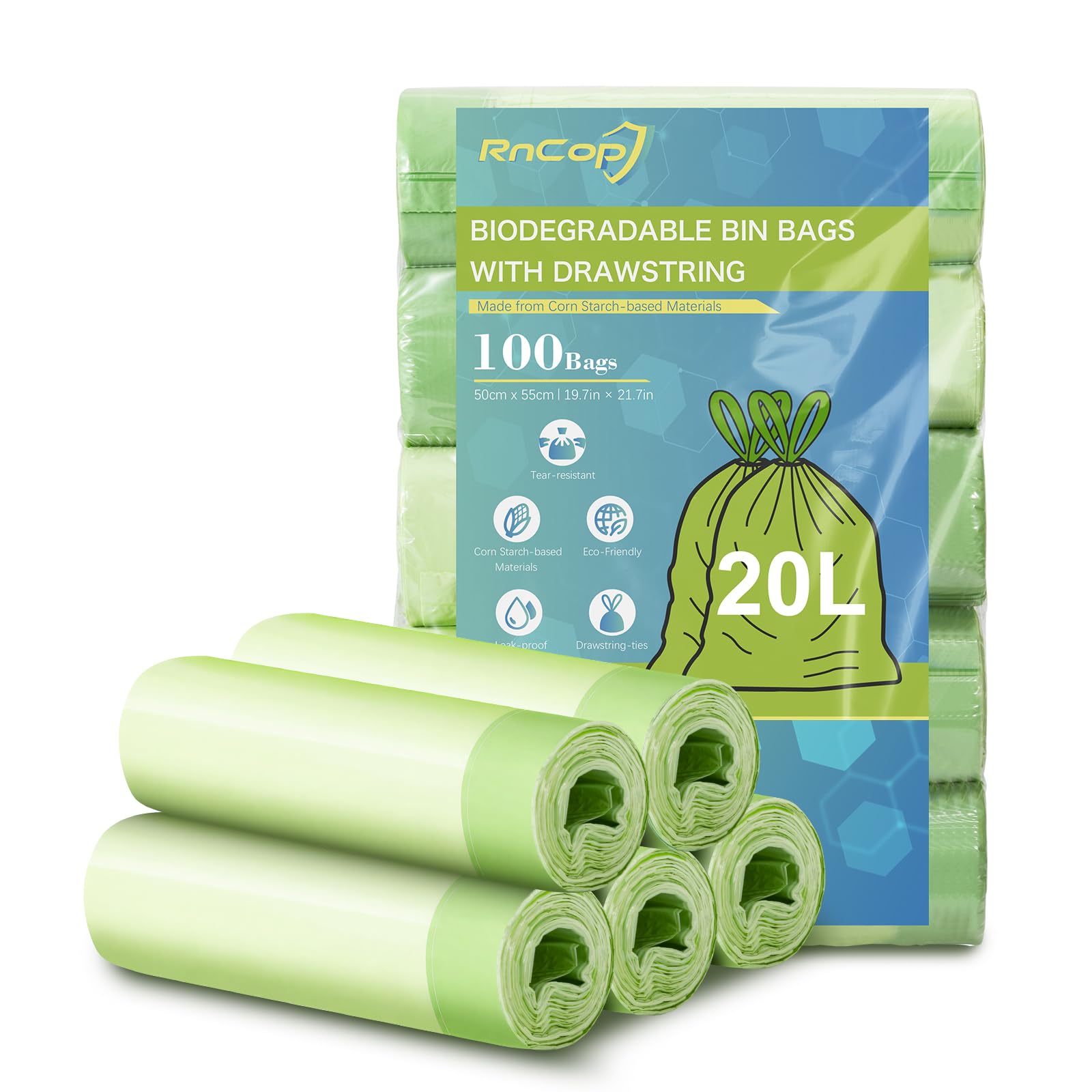 Rncop 20L Biodegradable Bin Bags With Drawstring Tie Handle, 100 Counts Bin Liners Food Waste Bags Strong Trash Bags(50 X 55Cm)