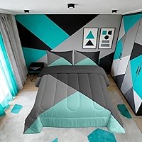 Vista 14 de Erosebridal - Juego de edredón con rayas rojas y negras tamaño Queen, juego de ropa de cama con diseño geométrico y estampado de patchwork en blanco