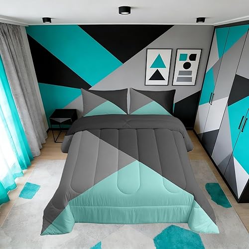 Miniatura 14 de Erosebridal - Juego de edredón con rayas rojas y negras tamaño Queen, juego de ropa de cama con diseño geométrico y estampado de patchwork en blanco