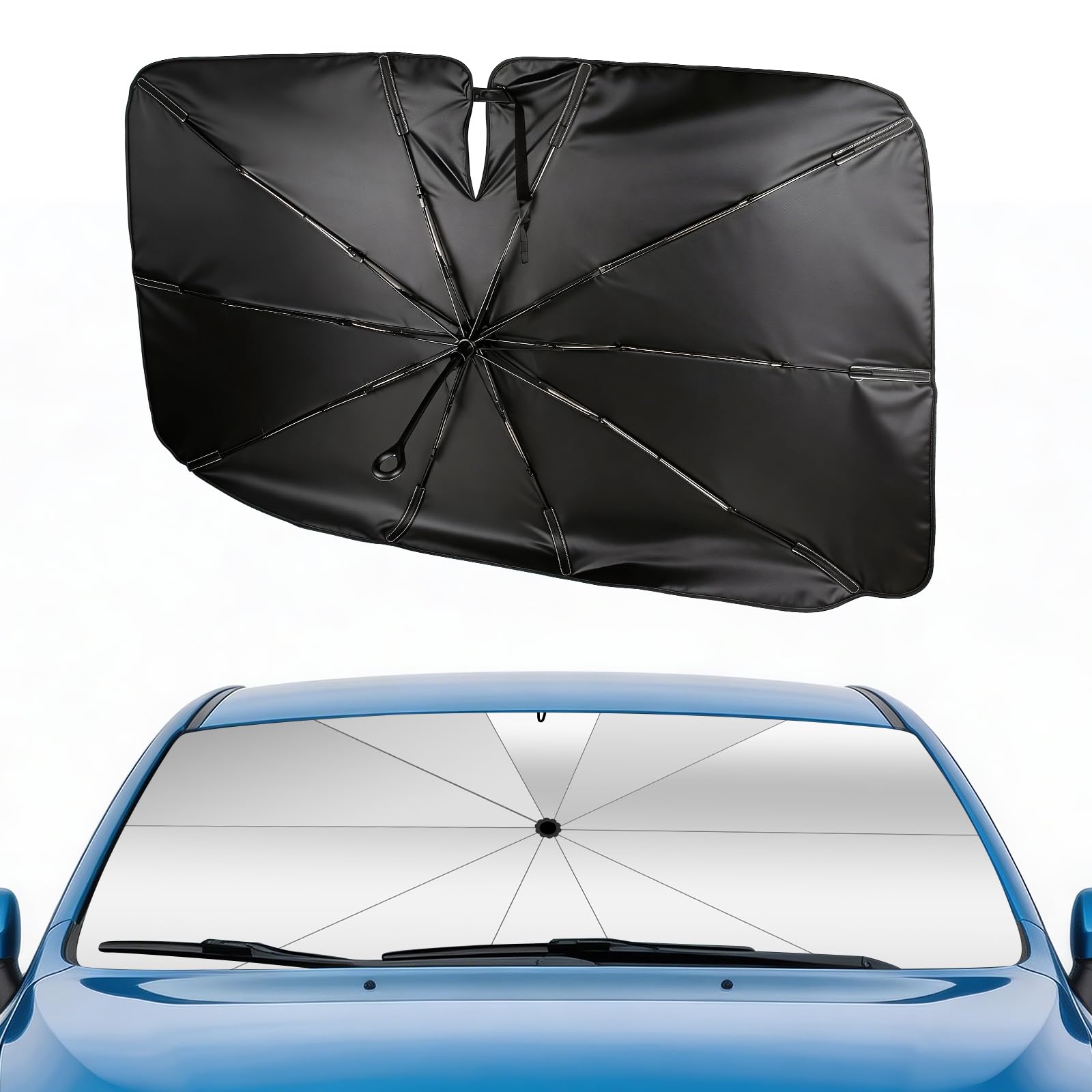 Pare-Soleil Voiture Pare-Brise Avant, 145x85cm Grande Taille,Protection UV & Anti-Chaleur Pliable Poignée rotative elliptique, avec Découpe pour Rétroviseur – Idéal pour SUV et pour Voiture.