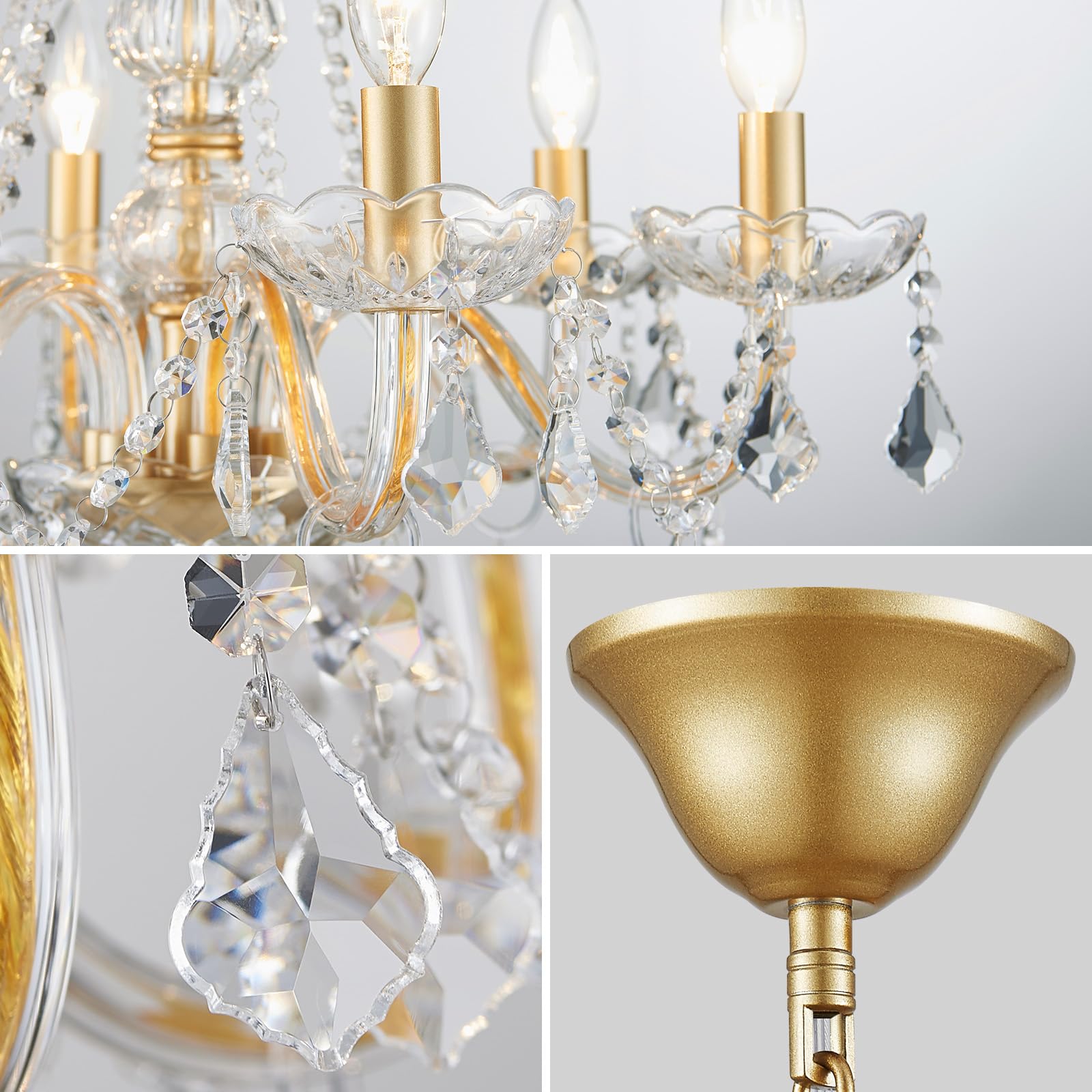 WUZUPS Chandelier à bougie en cristal, suspension, plafonnier encastré, Luminaire moderne pour chambre à coucher, entrée, bar, cuisine, salle de bain, H 68 x L 56, Doré, E14 Base
