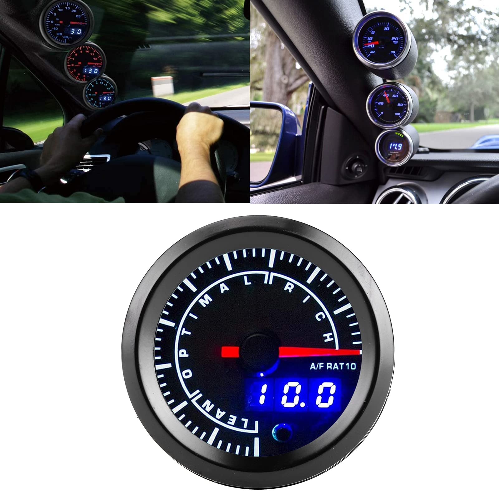Indicatore AFR Aria/Carburante per Auto 2,5 Pollici 12V con Puntatore e Impostazione Avvertimento Regolabile