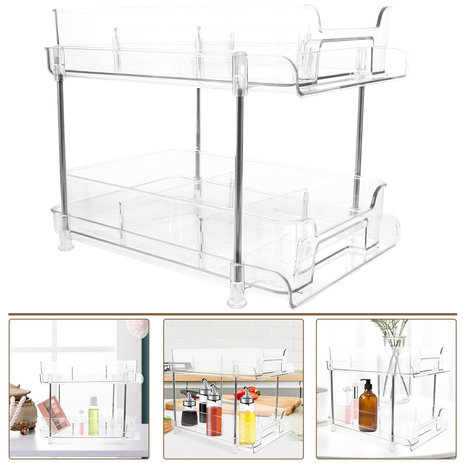 Abaodam Organizer Cosmetici da Tavolo a Due Livelli in Pet e Acciaio Inox | Piano Lavabo, Finitura Trasparente, Struttura Estraibile, Lavorazione Precisa e Stabile