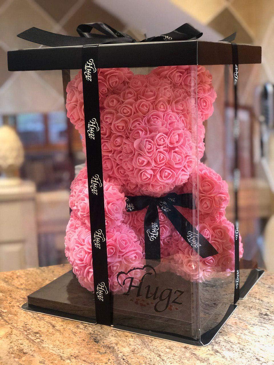 Rose Flower Bear - Large 16 inch Fully Assembled Hugz Teddy Bear - Over 200 Artificial Flowers - Gift for Mothers Day, Valentines Day, Anniversary & Bridal Showers - w/Clear Gift Box (Pink, Large)