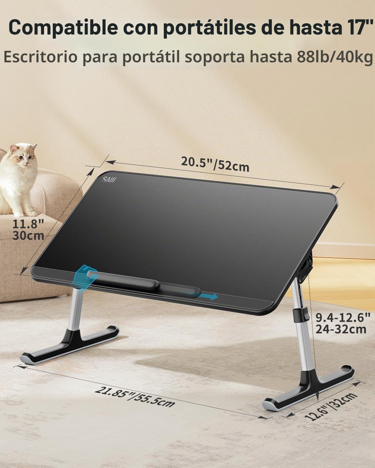 Mesa de Cama, SAIJI Lapdesk, ángulo de Altura Ajustable, Plegable, hasta 17in portátil, Cama, sofá, Tabla (Negro, 52 * 30cm)