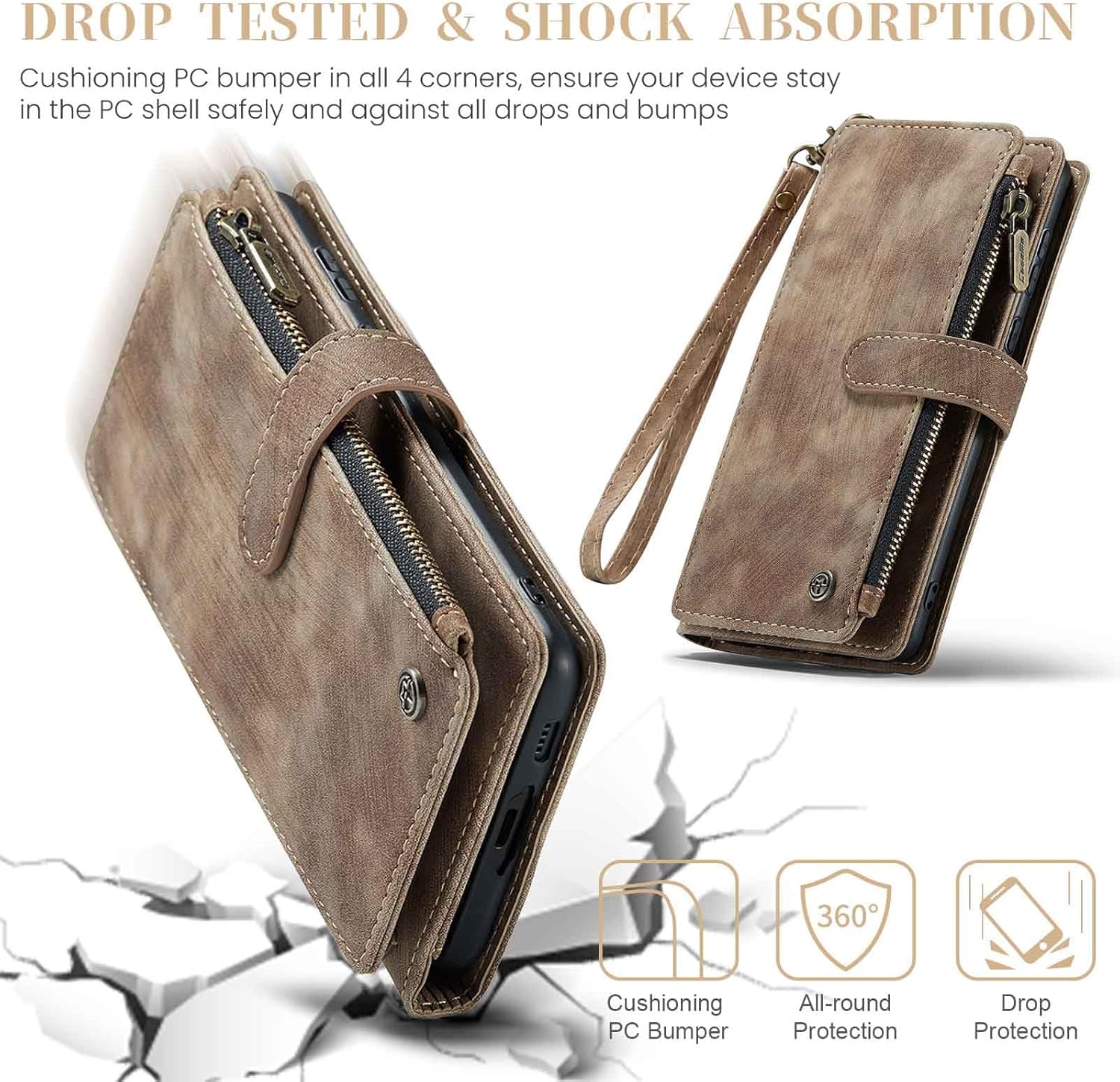 UEEBAI Wallet Case for Samsung Galaxy A55 5G, Premium Handmade PU Leather Phone Case Card Slots Magnetic Closure Zipper Pocket Kickstand Flip Case with Hand Strap - Vintage Brown