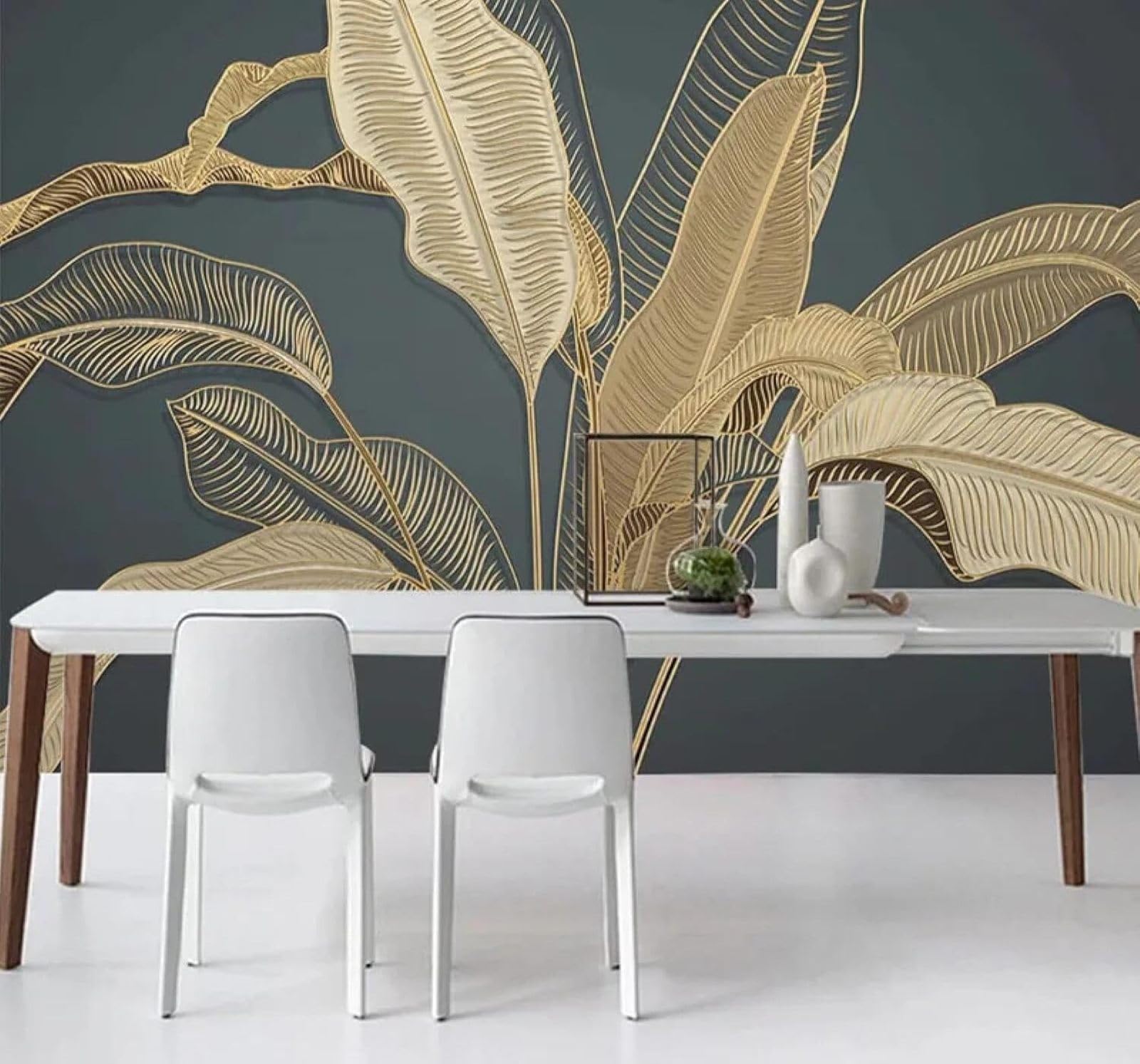 Xlming 300Cm×210Cm(B×H) Luxury Gold Relief Lines Banana Leaves 3D Wallpaper Luxury Silk Study Dining Feature Sofa Grey Bedroom Living Room Tv Decorative Wall-300Cm×210Cm