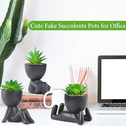 Miniatura 2 de TALVADI Plantas artificiales pequeñas de interior, 3 piezas lindas suculentas falsas en maceta en forma de humano, decoración de oficina, divertidas