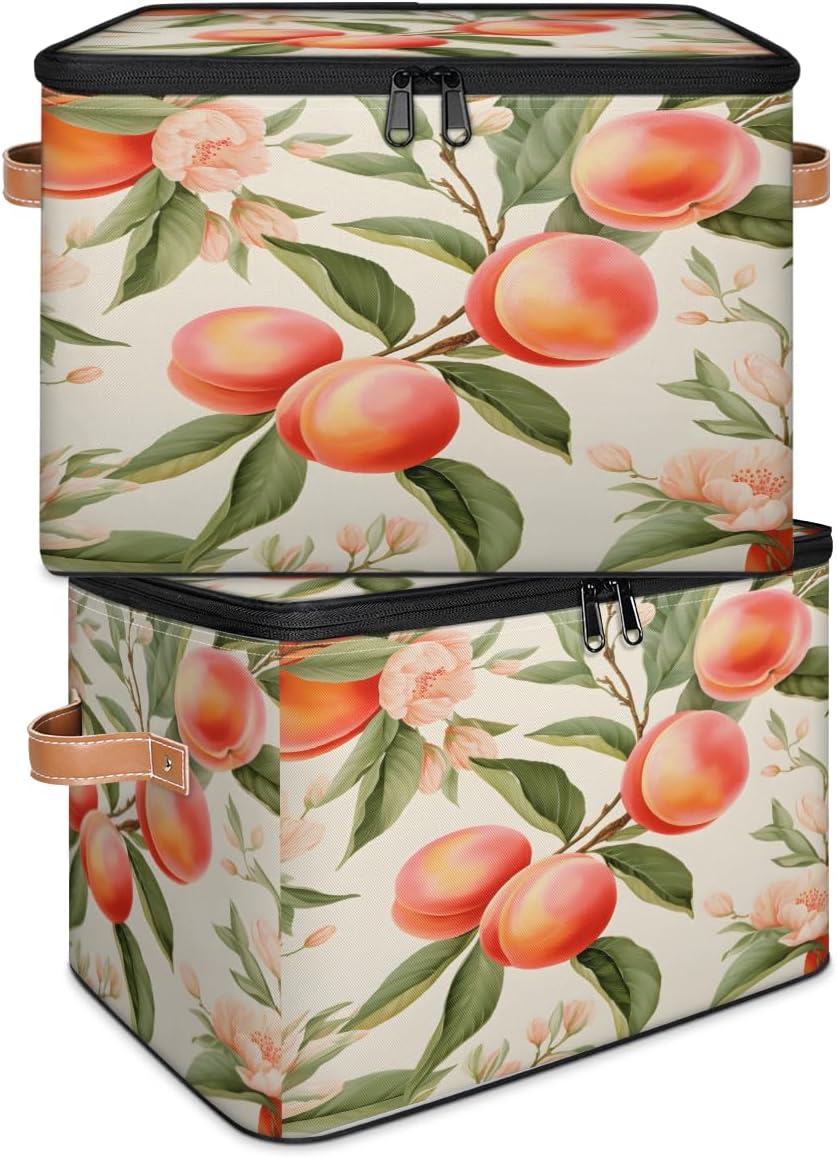Storage Bin Set of 2 Fruit Peach Tree Storage Basket with Zipper Lid & Handle Foldable Closet Shelf 2 Pack Cloth Organizer Basket Cube Bins Clothes Organizer for Bedroom, Nursery