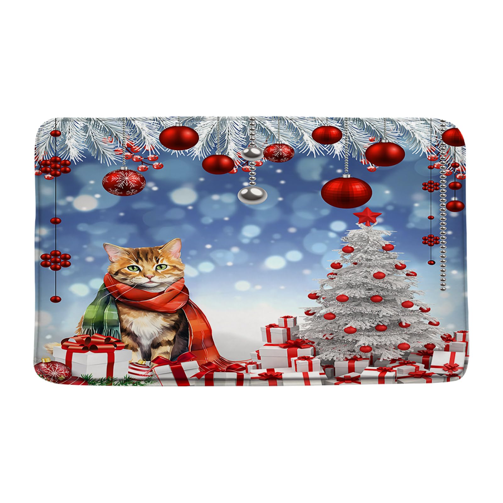GCTNBJL Christmas Bath Mat Cute Cat Kitten Silver Xmas Tree Pine Twig Funny Animal Winter Holiday Happy New