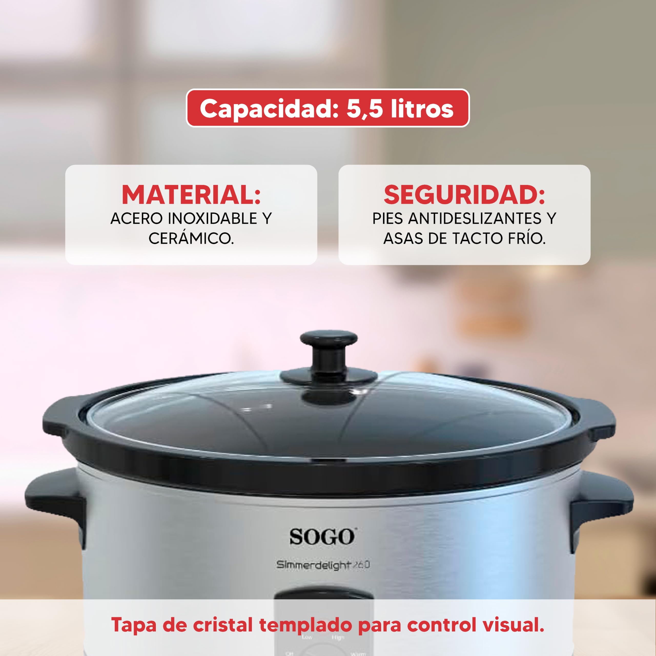 Sogo Pentola a cottura lenta da 5,5 l con 3 funzioni di cottura – Pentola da cucina elettrica con coperchio in vetro temperato per controllo – Pentola da cucina adatta per lavastoviglie con manico