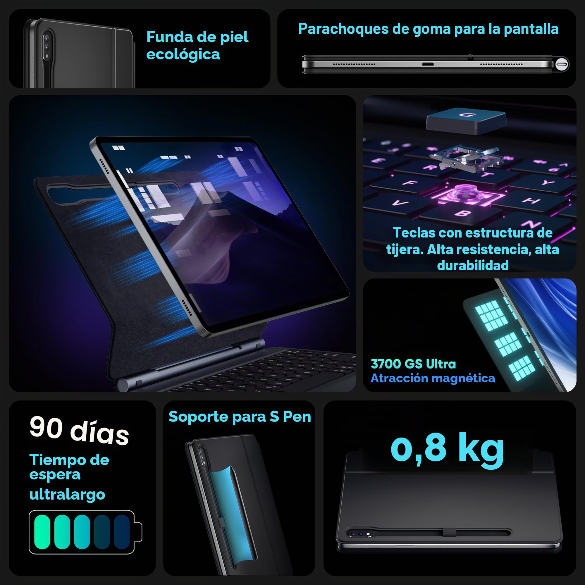 doqo Funda con Teclado para Samsung Galaxy Tab S10+ Plus/S9+/S9 FE+/S8+/S7+/S7 FE 12,4" – Funda magnética con Teclado, touchpad, Bluetooth, retroiluminación Negro Layout español