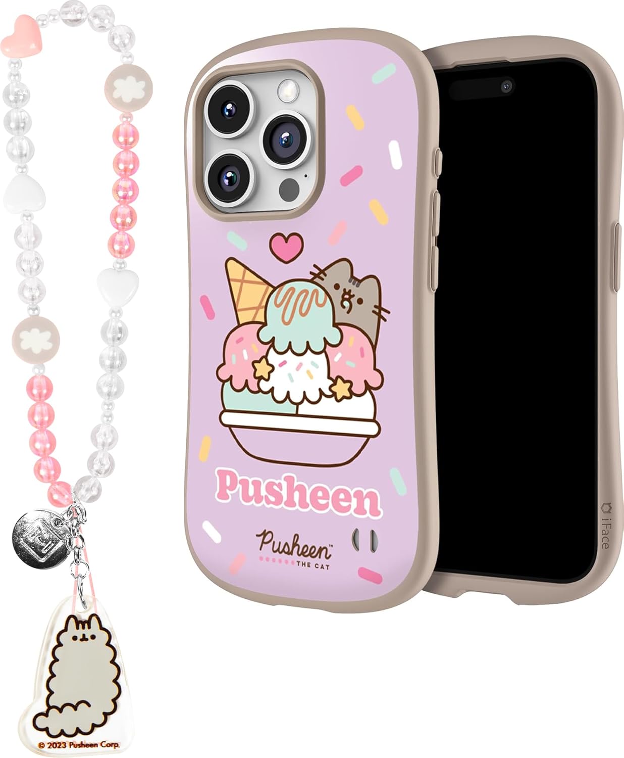 iFace Pusheen Case for iPhone 15 Pro (Ice Cream) + Stormy Bead Strap