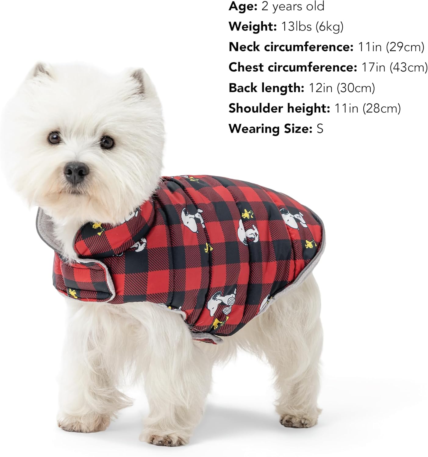 Berkshire Peanuts® Microfleece Dog Coat, Warm Fleece Dog Jacket with Waterproof Shell, Hook & Loop Design for Small, Medium, or Large Dogs (Medium, Snoopy Everyday Buffalo Plaid Small Red-Black)