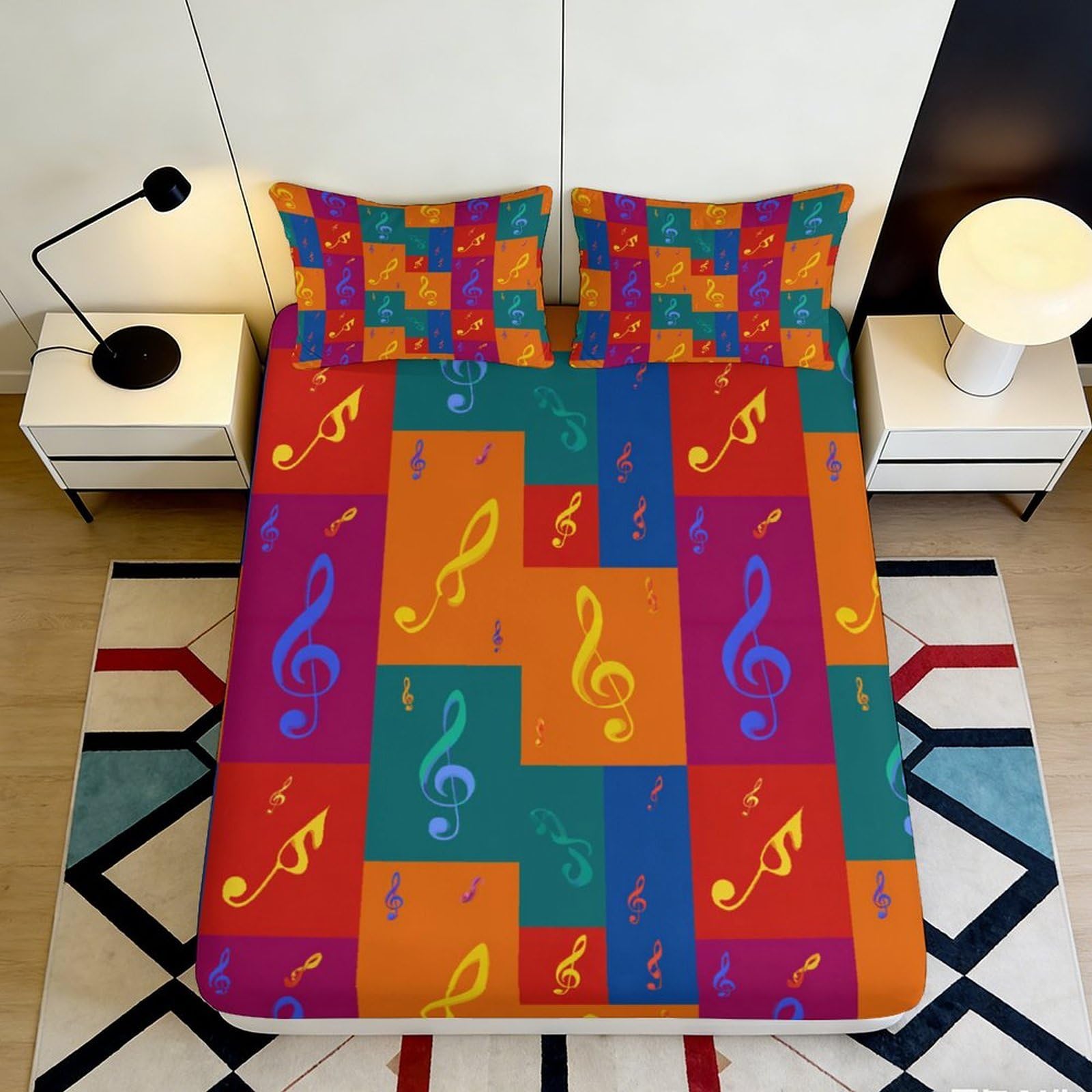 3D Printed Colorful Music Notes Fitted Sheet Microfiber Soft Breathable Treble Clef Bed Cover for Bedroom Dormitory Guest Room Mattress Protection Decor 200x200x25cm