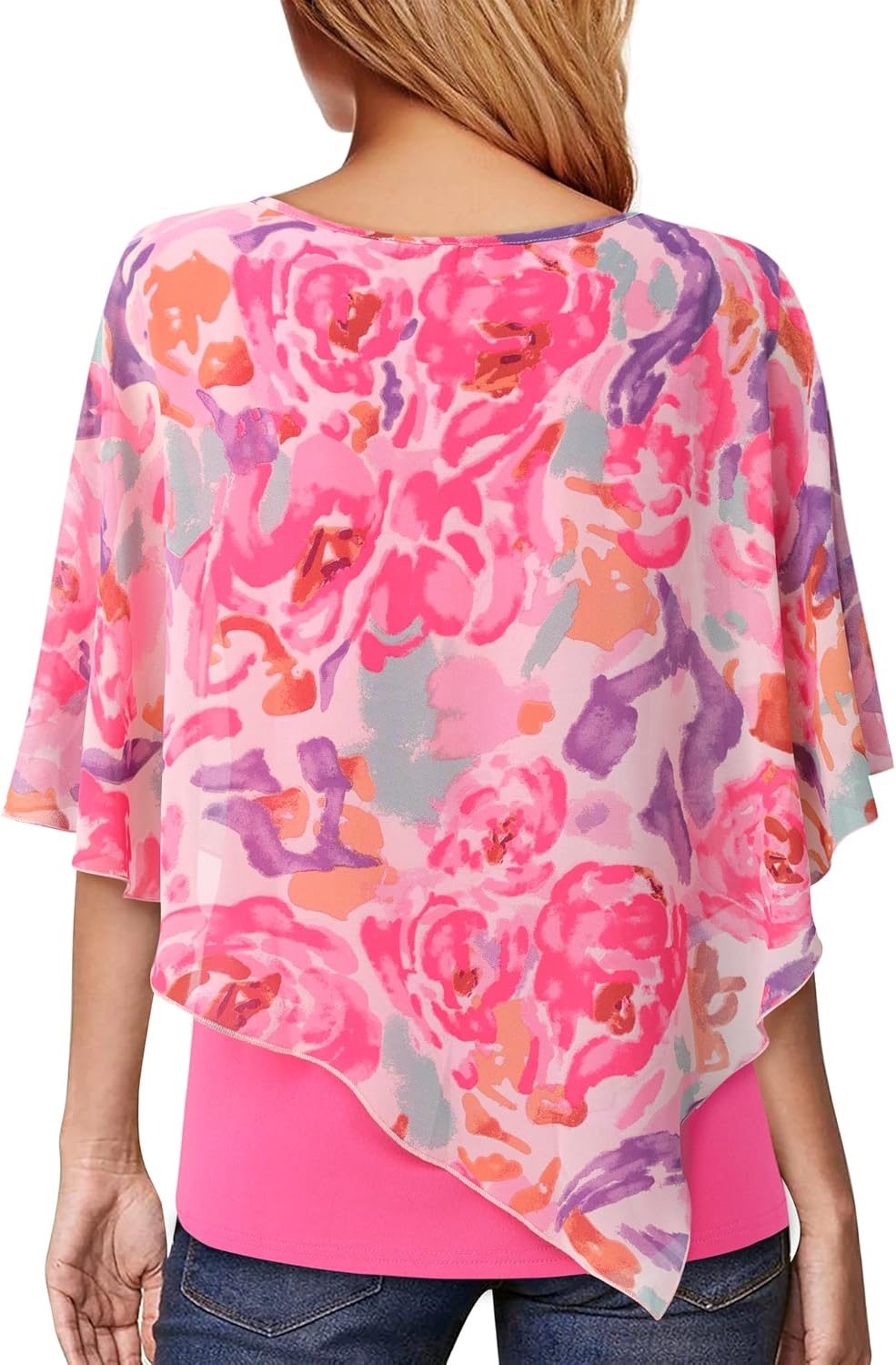 Lotusmile Women's Lightweight Flowy Shirt Double-Layered Printed Chiffon Poncho Blouse Top - Image 2