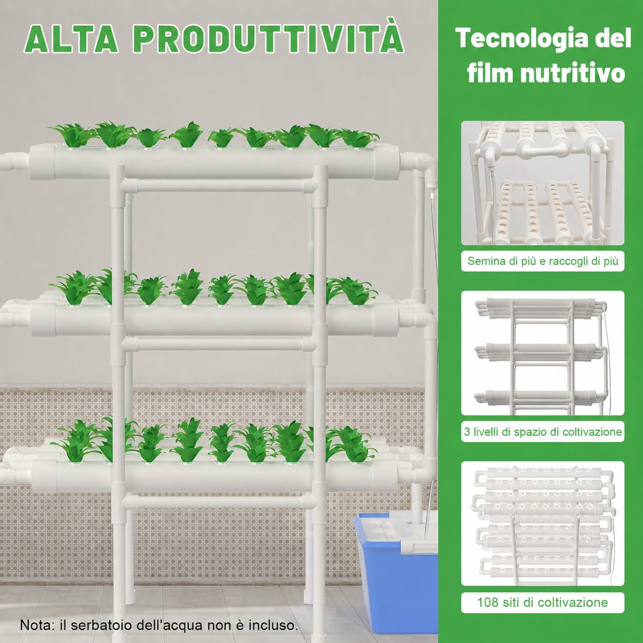 Hydroponic System Grow Kit 108 siti vegetali a 3 Strati in PVC, idroponico per Colture acquatiche,Piante da Giardino e esperimenti idroponici, 96 × 55 × 111 cm