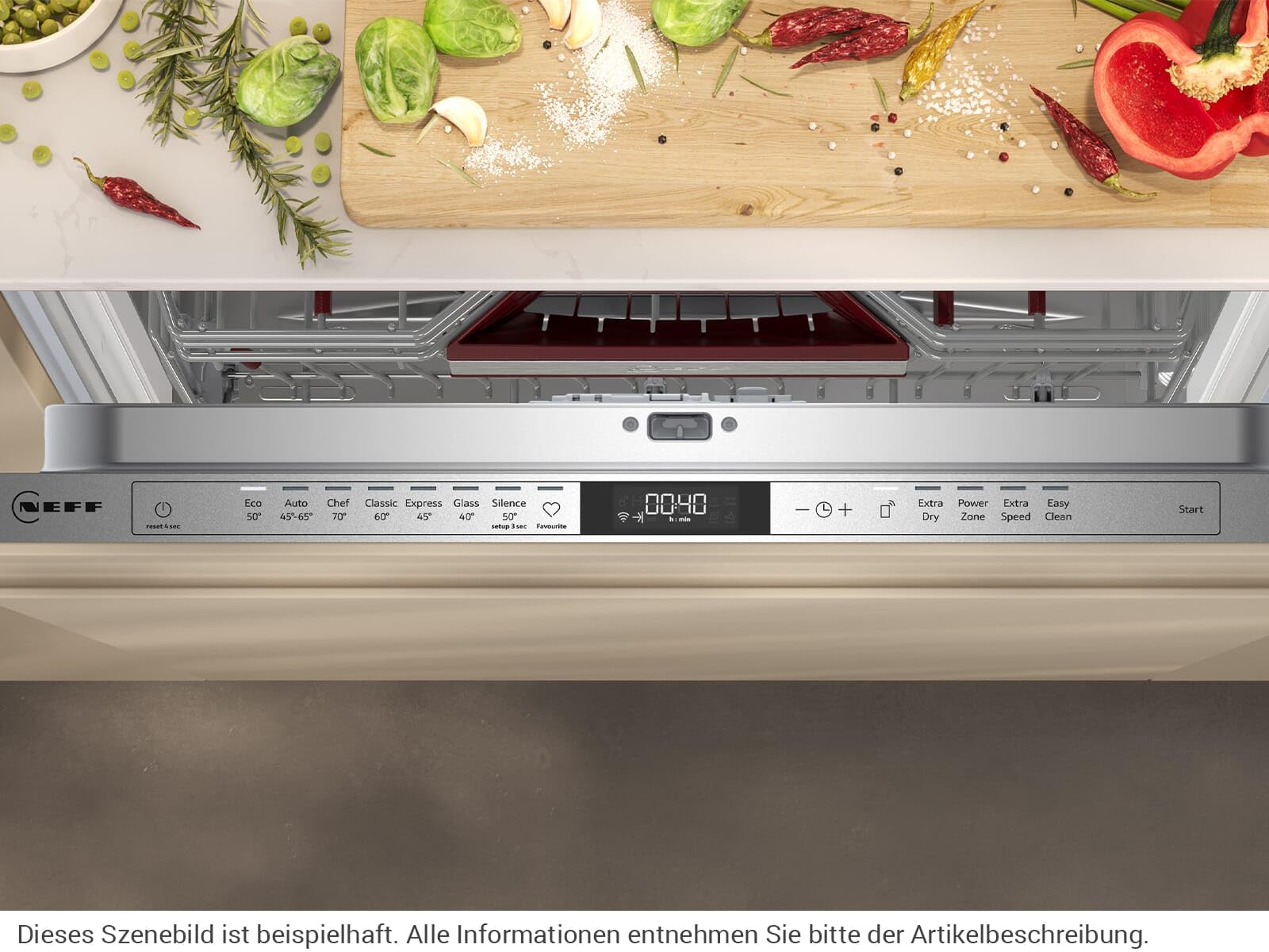 NEFF S257ECX14E, N 50, inteligentna zmywarka XXL, w pełni zintegrowana, 60 cm, do zmywarki, wyprodukowano w Niemczech, szuflada na sztućce, cicha, mocne czyszczenie dzięki Chef 70ºC, górny kosz z