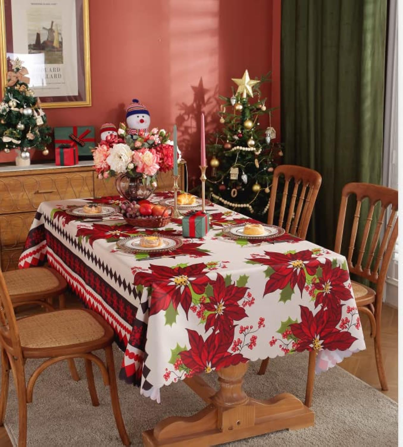 Hileyu Manteles navideños,150x220cm Mantel navideño Rectangular,Xmas Poinsettia Mantel Cubiertas de Mesa,Mantel de Navidad de Tela de Tela Lavable para Picnic,Bodas,Navidad