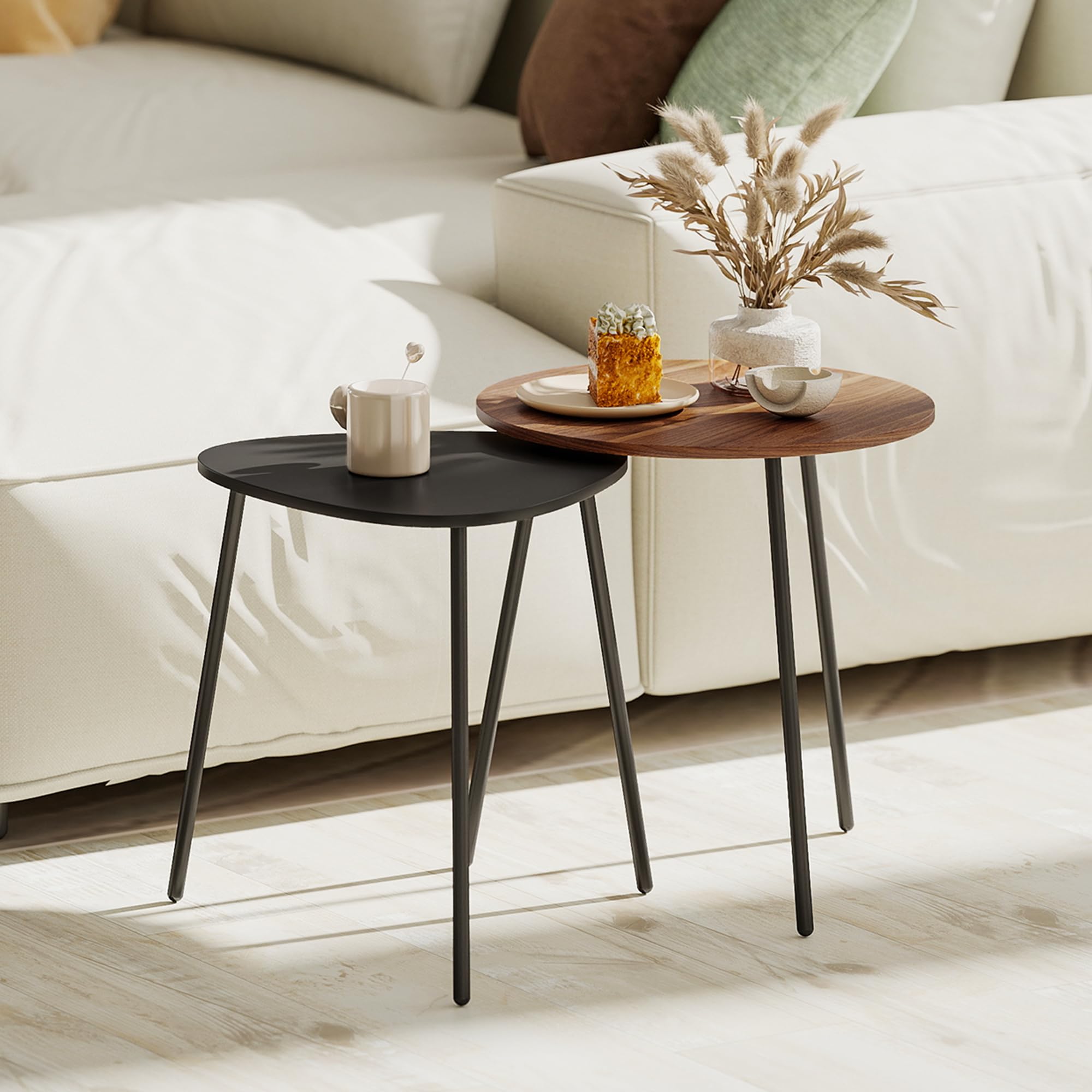 HOMCOM 2 mesas de café Nido, contemporáneo, Nogal y Negro | Mesas laterales de metal, formas redondas y triangulares, mesa de sofá para salón y dormitorio