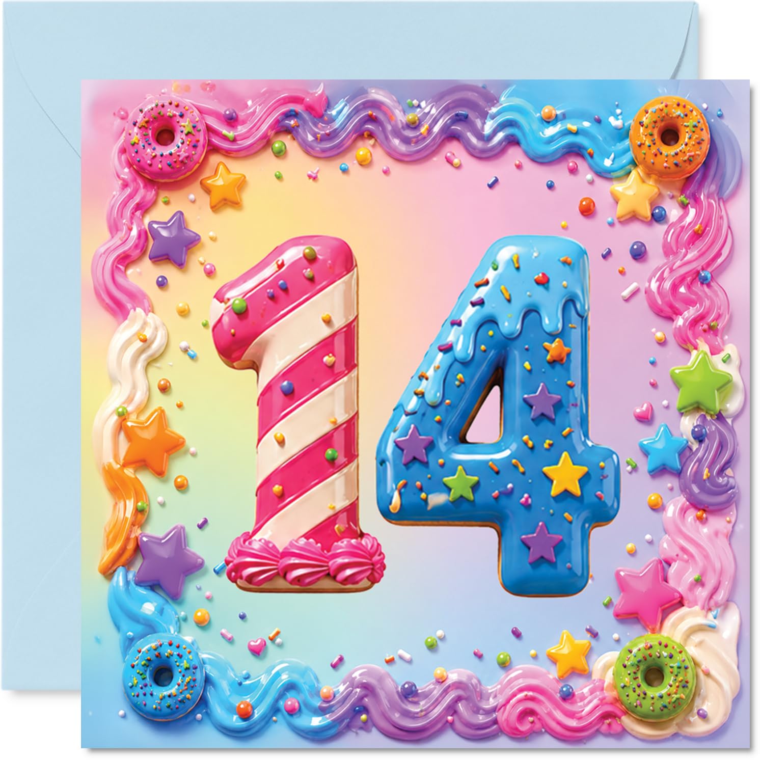 Playful 14th Birthday Card - Bursting with Birthday Fun - Colourful Icing-style '14' with Doughnuts, Sprinkles and Pastel Party Vibes - 145mm Square, Envelope Included