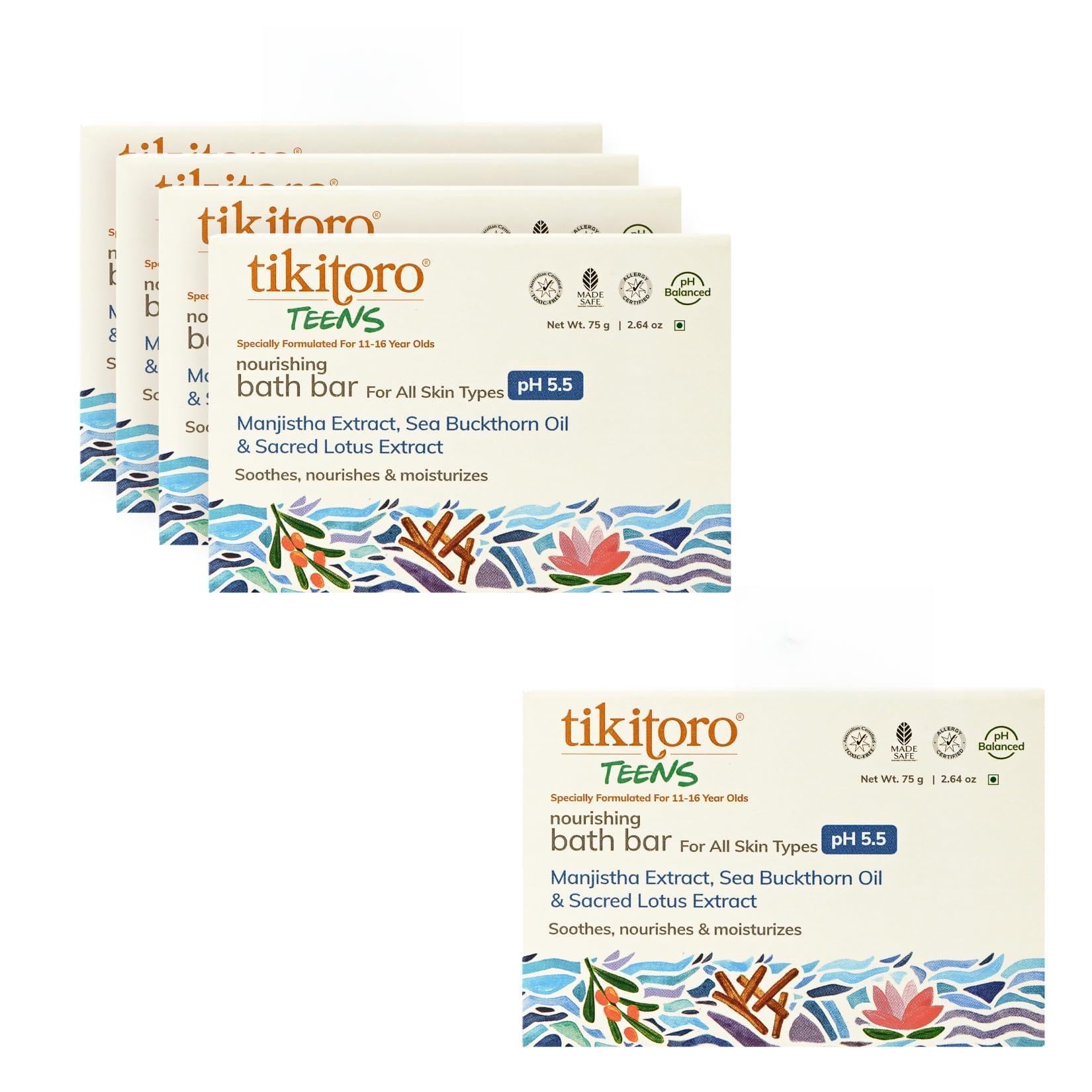 Tikitoro Teens Nourishing Bath Bar Value Pack (4 Plus 1 x 75g) | Manijstha, Sea Buckthorn Oil and Sacred Lotus Extract, Soothes, Nourishes and Moisturizes Skin, No Paraben & Sulphates (11-16 Years)-image-8