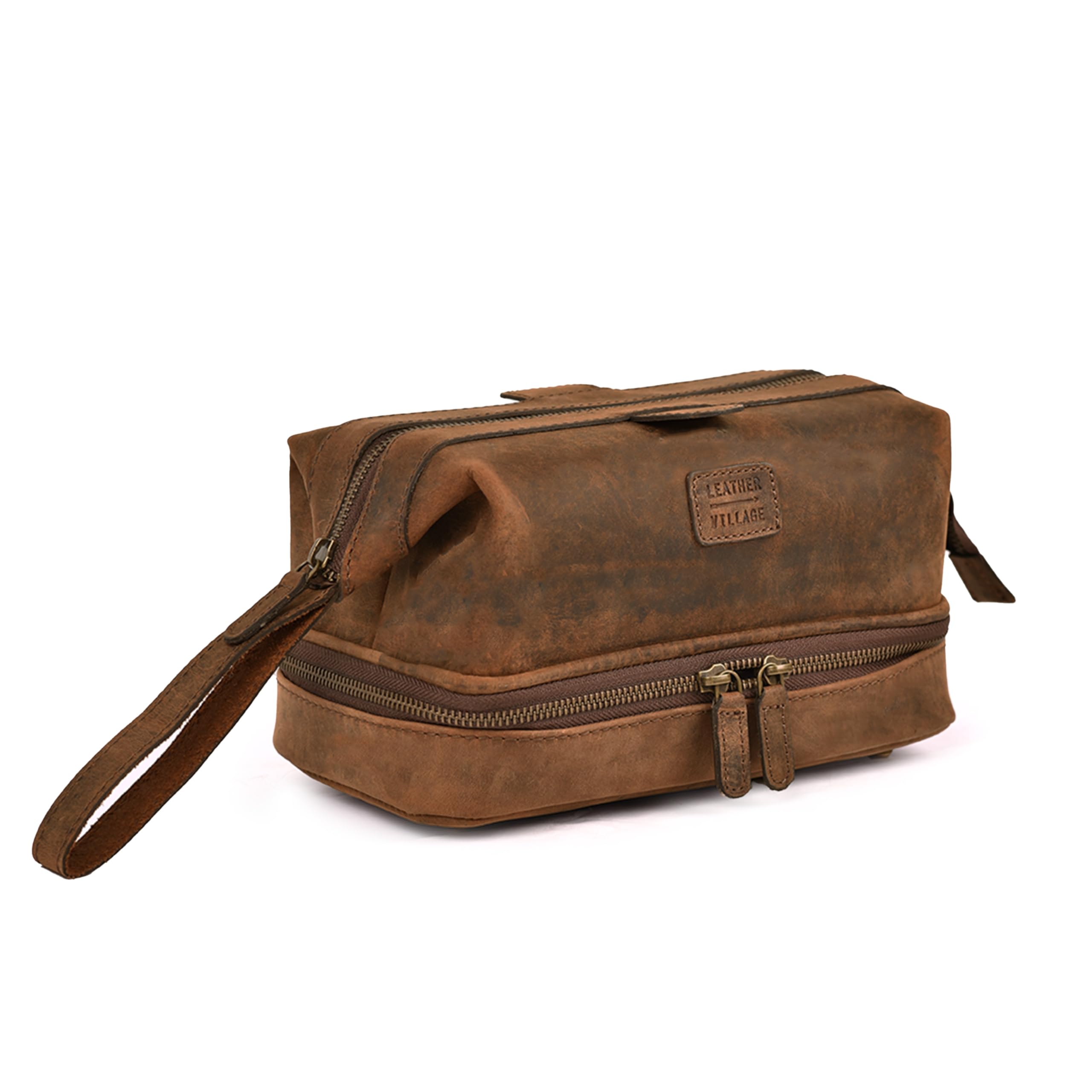 LEATHER VILLAGE Genuine Leather Dopp Kit – Large Travel Toiletry Bag with Waterproof Lining, Dual-Zip Design for Men & Women, Organizer for Shaving,