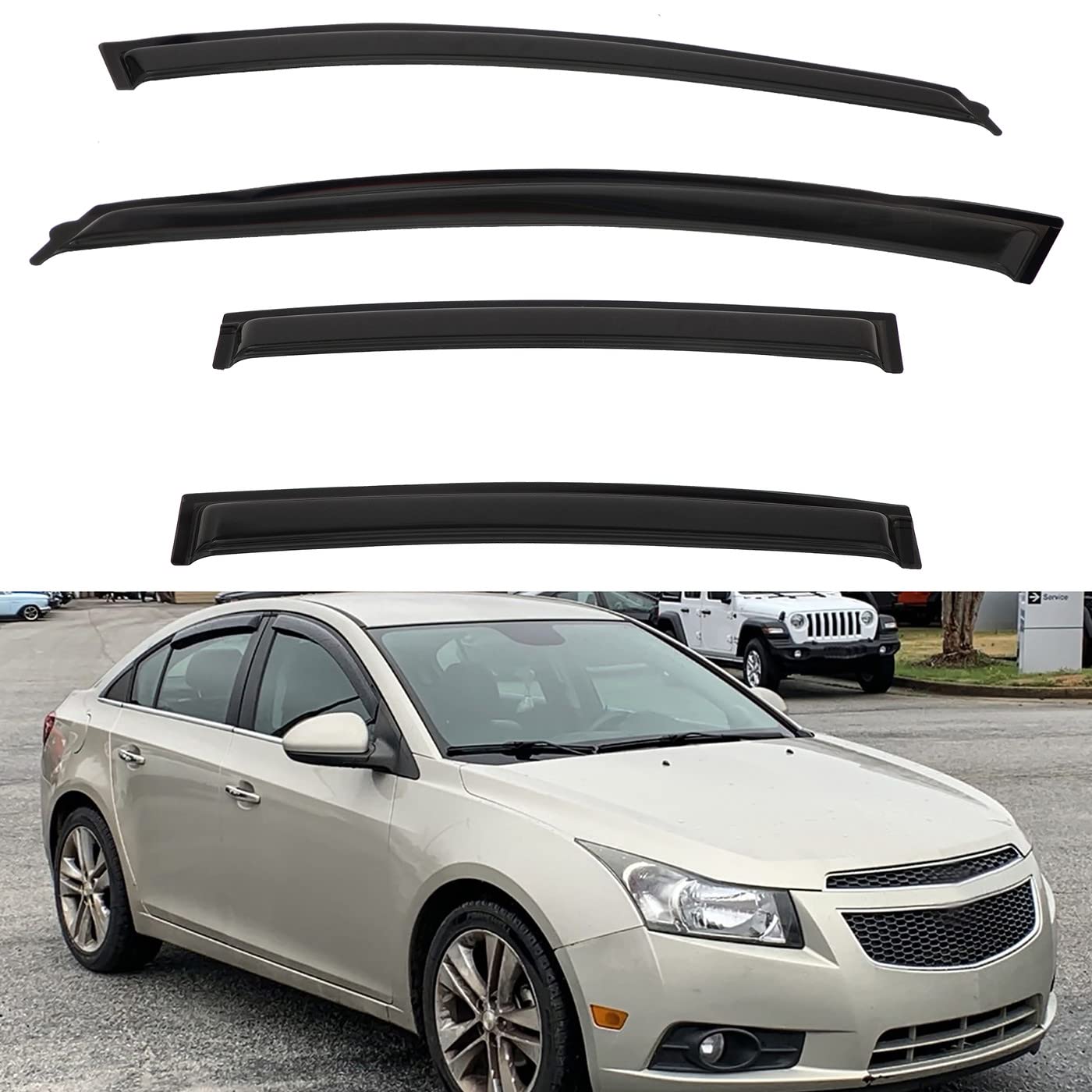 Photo 1 of LQQDP 4pcs Front+Rear Smoke Tint Sun/Rain Guard Outside Mount Tape-On Vent Window Visors Compatible with 10-15 Cruze 16 Cruze Limited