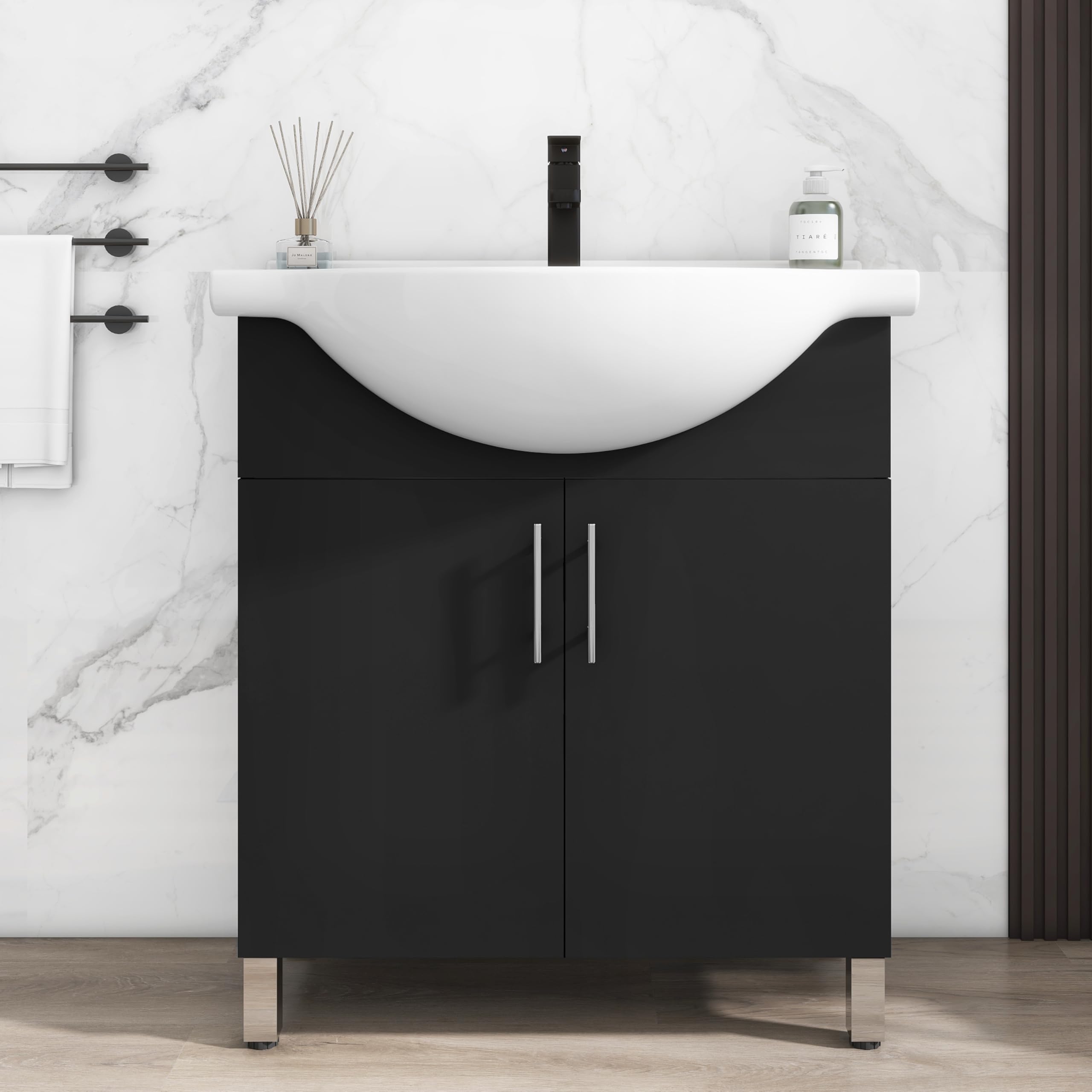 LUCKWIND 30 Inch Black Laundry Sink Cabinet Set with Ceramic Belly Bowl Sink and Faucet - Bathroom Vanity Combo, Ceramic Utility Sink for Laundry,