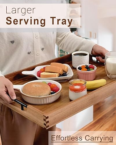 Miniatura 4 de Bandeja de madera de acacia de 22 pulgadas con asas de metal, bandeja otomana rectangular grande de madera, diseño decorativo y duradero para sala