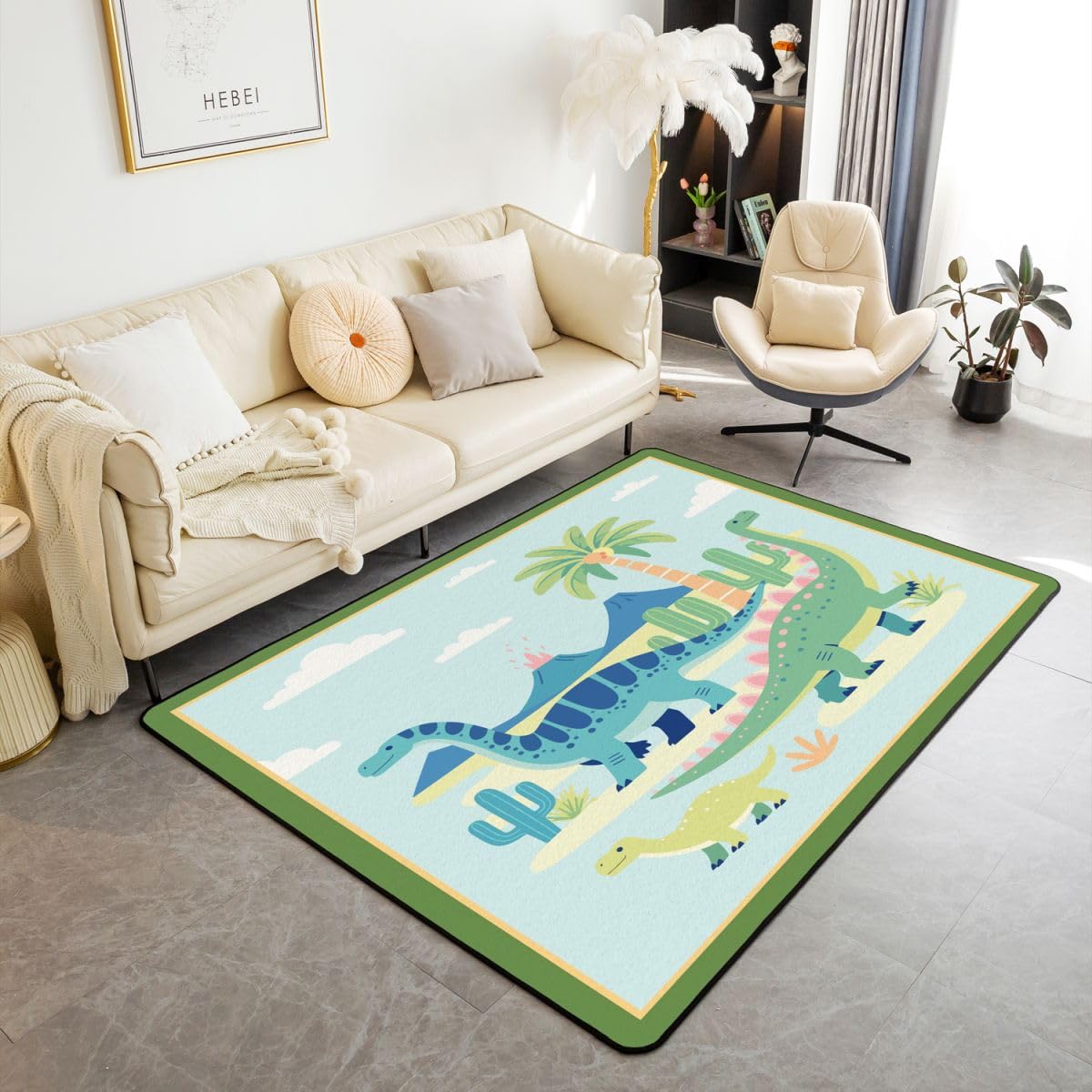 Autotoon Süß Dinosaurier Teppich 100x150cm Wildes Tier Wohnzimmerteppich Dschungel Dino Outdoor Teppich Küchenteppich Super Weich Kurzflor
