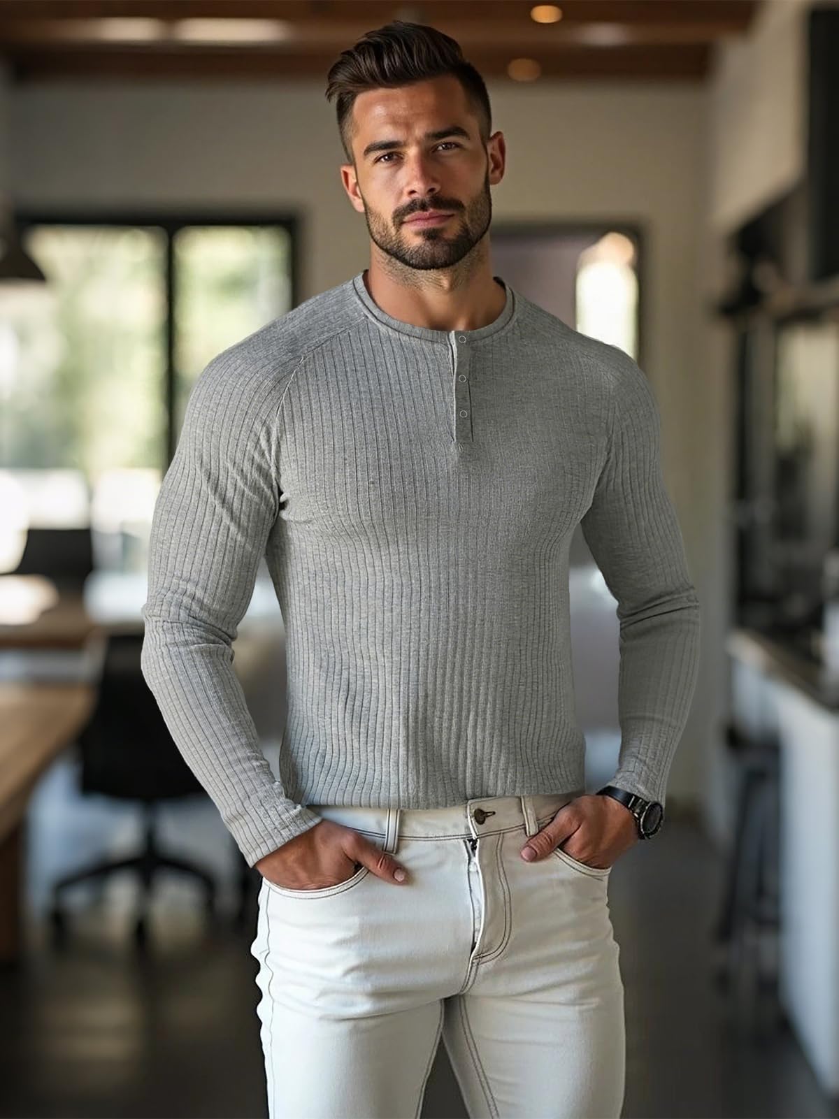 Muscle Cmdr T-Shirt Homme, Coton À Manches Courtes/Longues Henley, Casual Henley Hauts pour Fitness Tee Shirt, Noir Ou Gris, Marron, Taille L - 4