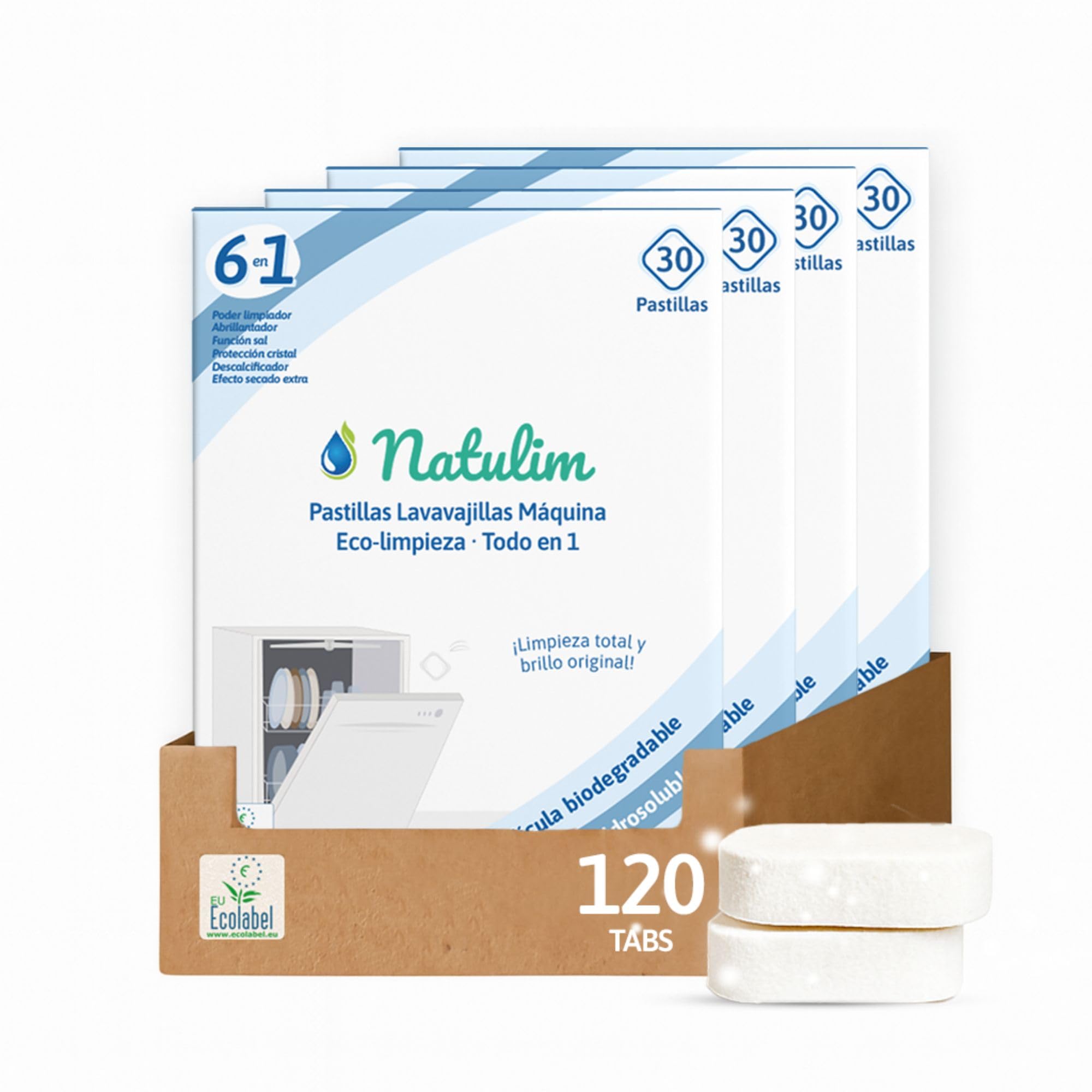 Natulim Pastillas de Lavavajillas 30 Usos - Biodegradables e Hidrosolubles 6 en 1 - Limpieza Profunda, Abrillantador, Función Sal, Protección Cristal, Descalcificador, Efecto Secado Extra — view 9