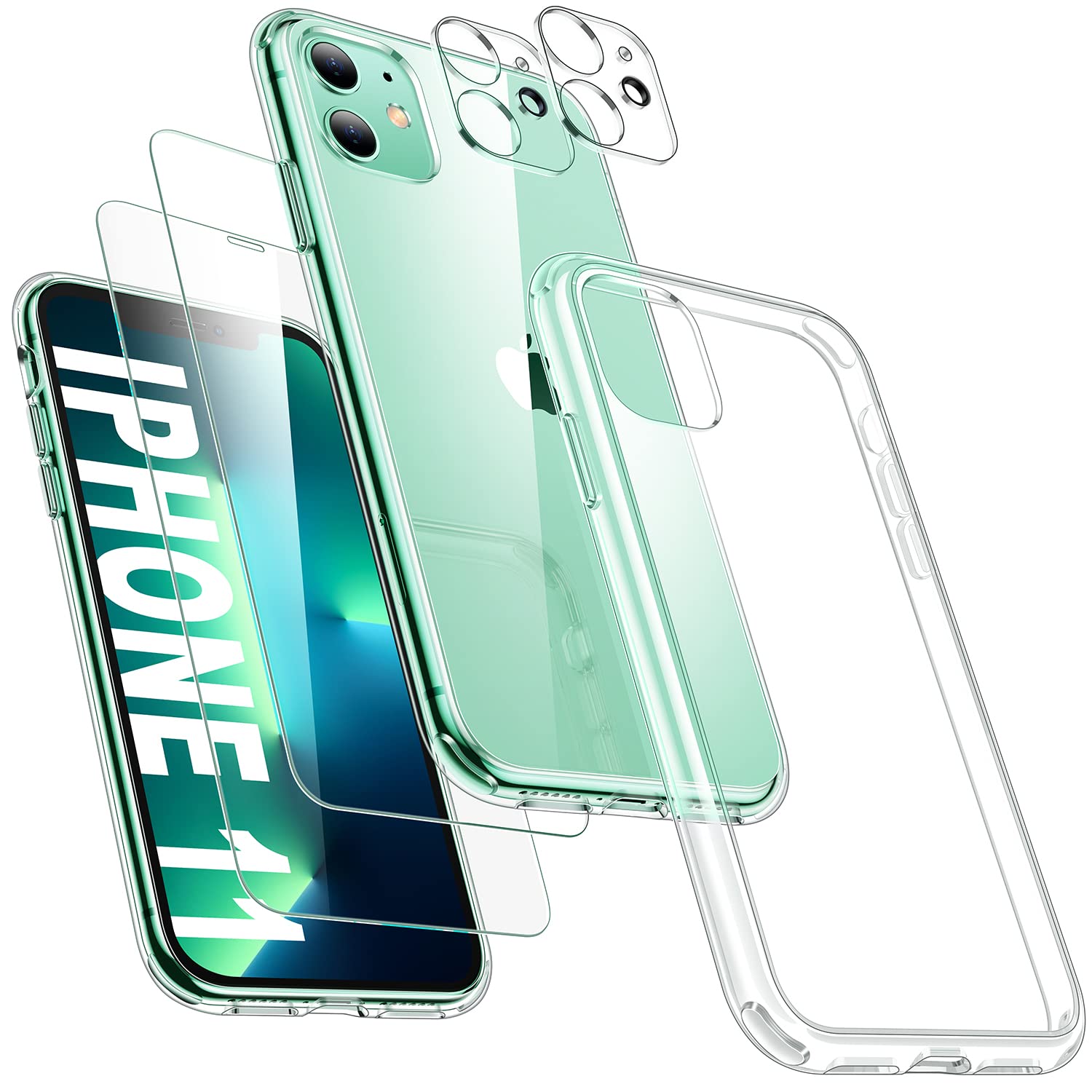 Humixx5 in 1] [Military-Grade Shockproof] for iPhone 11 Case Clear, 360° Protection with 2-Pack Tempered Glass Screen Protector + 2-Pack Camera Lens Cover, Fit for iPhone 11 Case 6.1”- Clear