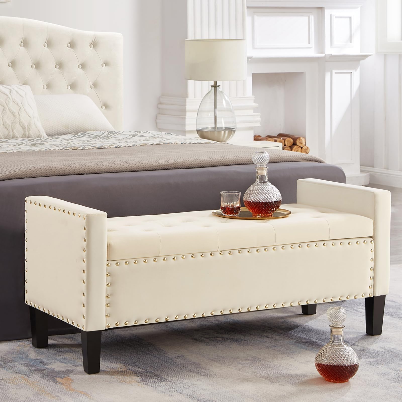 Lighluxstly 48" Velvet Upholstered Storage Ottoman,Luxury Rectangle Entryway Tufted Button Long End of BedBench, Rolled Arm Bench Seat with Wood Legs,