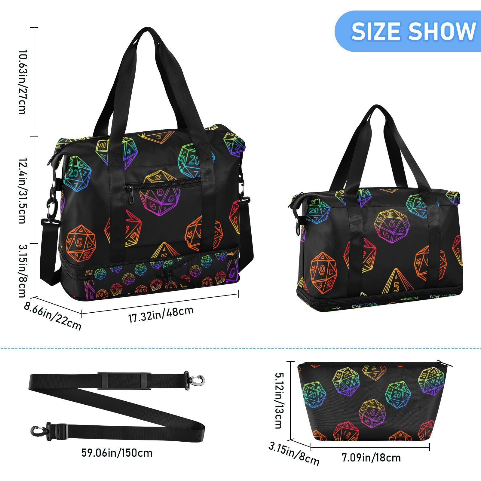 Sac de voyage coloré dégradé de dés avec poche humide sangle réglable sac fourre-tout pour randonnée multifonction pour homme et femme