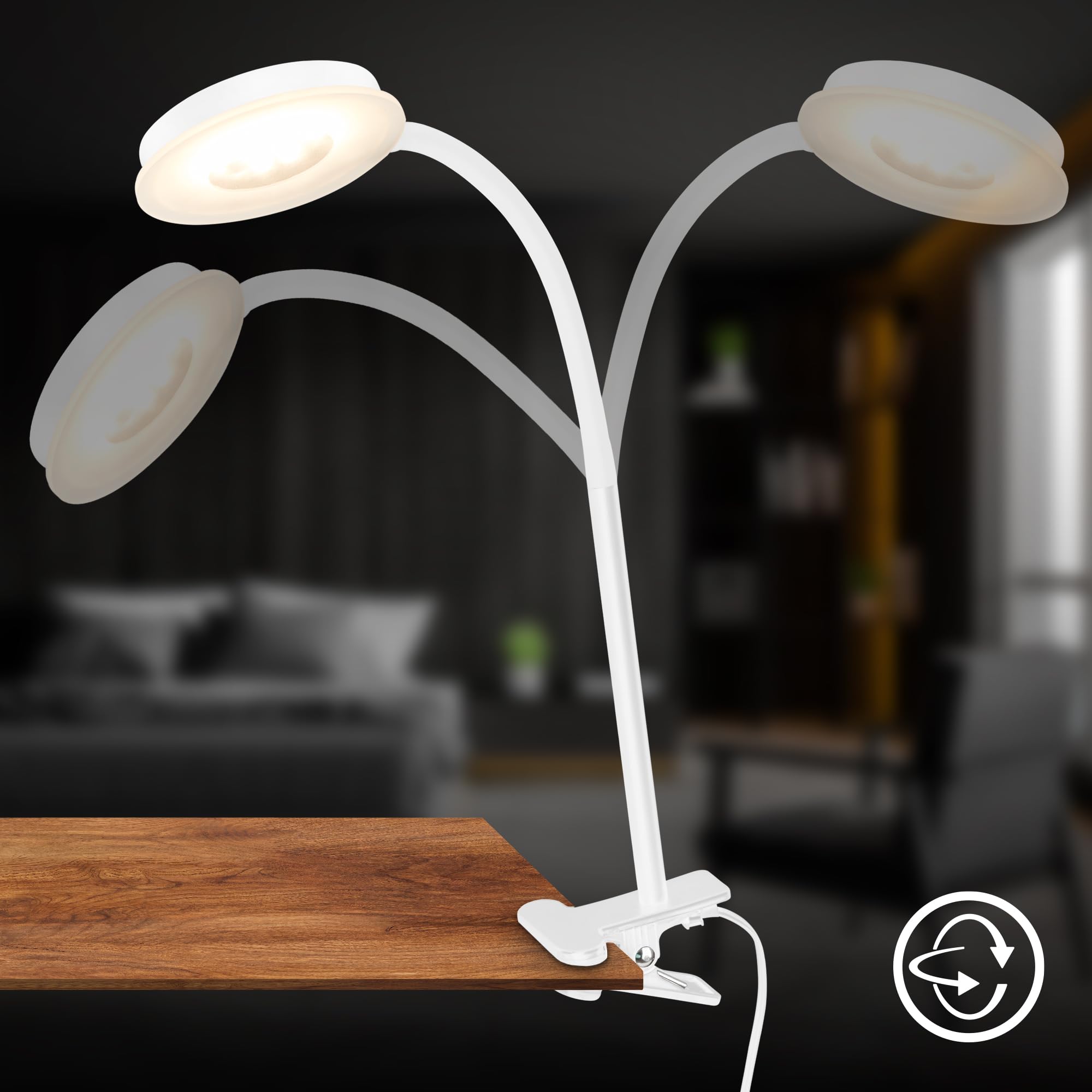 Briloner - Lampada a pinza con interruttore a cavo, luce bianca calda, orientabile, da lettura, morsetto, scrivania, comodino, 26 x 10,5 x 37 cm, bianco (Confezione da 2)