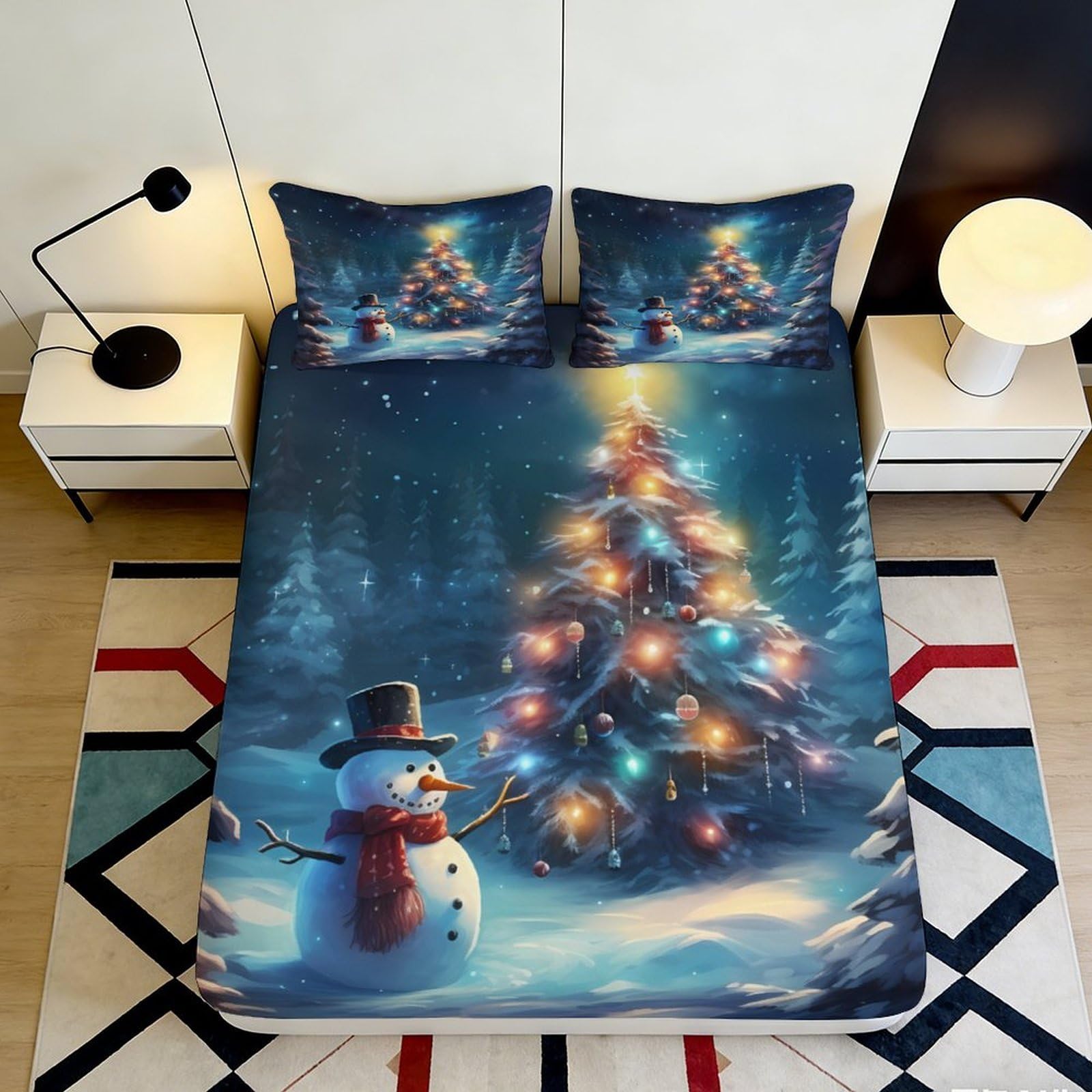 3D Printed Christmas Tree Fitted Sheet Microfiber Soft Breathable Snowman Bed Cover for Bedroom Dormitory Guest Room Mattress Protection Decor 140x200x25cm