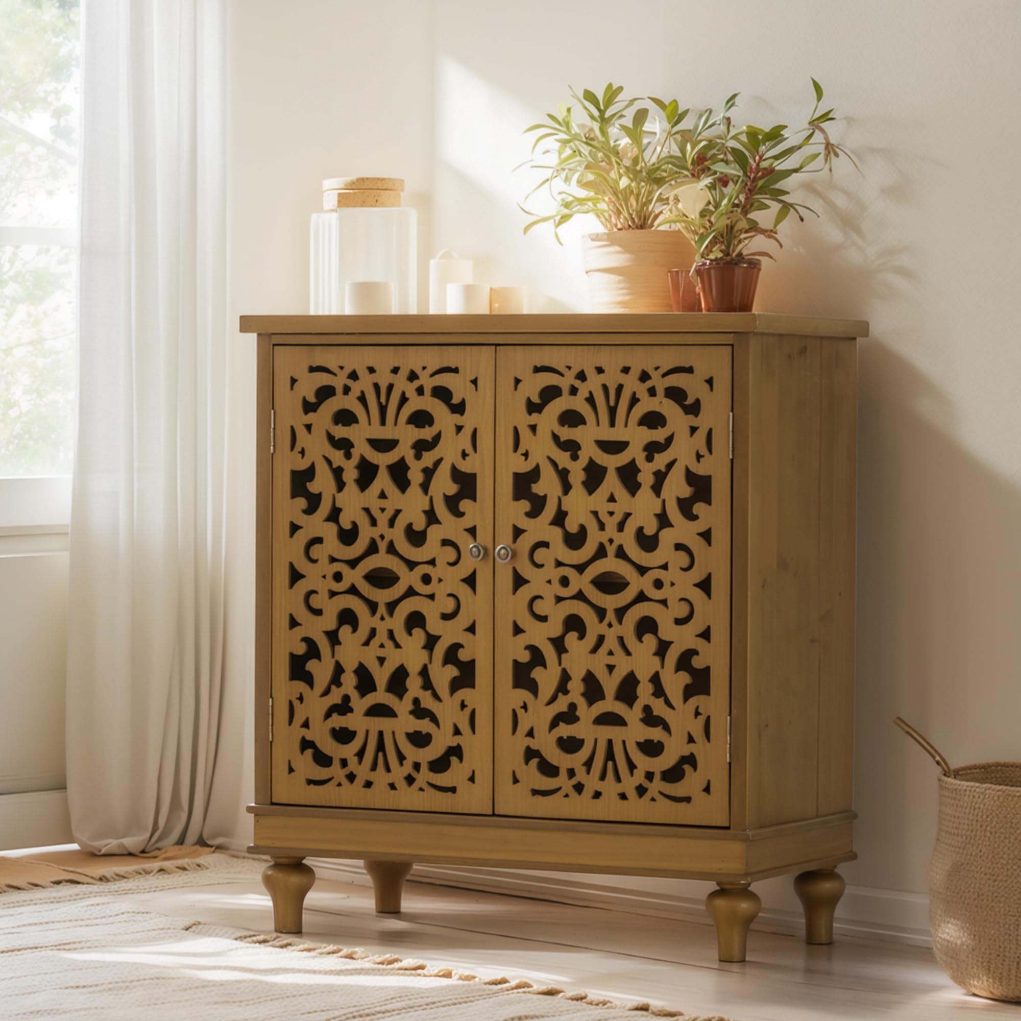 Sophia & William Accent Cabinet with Doors, Distressed Storage Cabinet with Wood Frame and Hollow-Carved Floral Doors for Entryway Living Room, Wood
