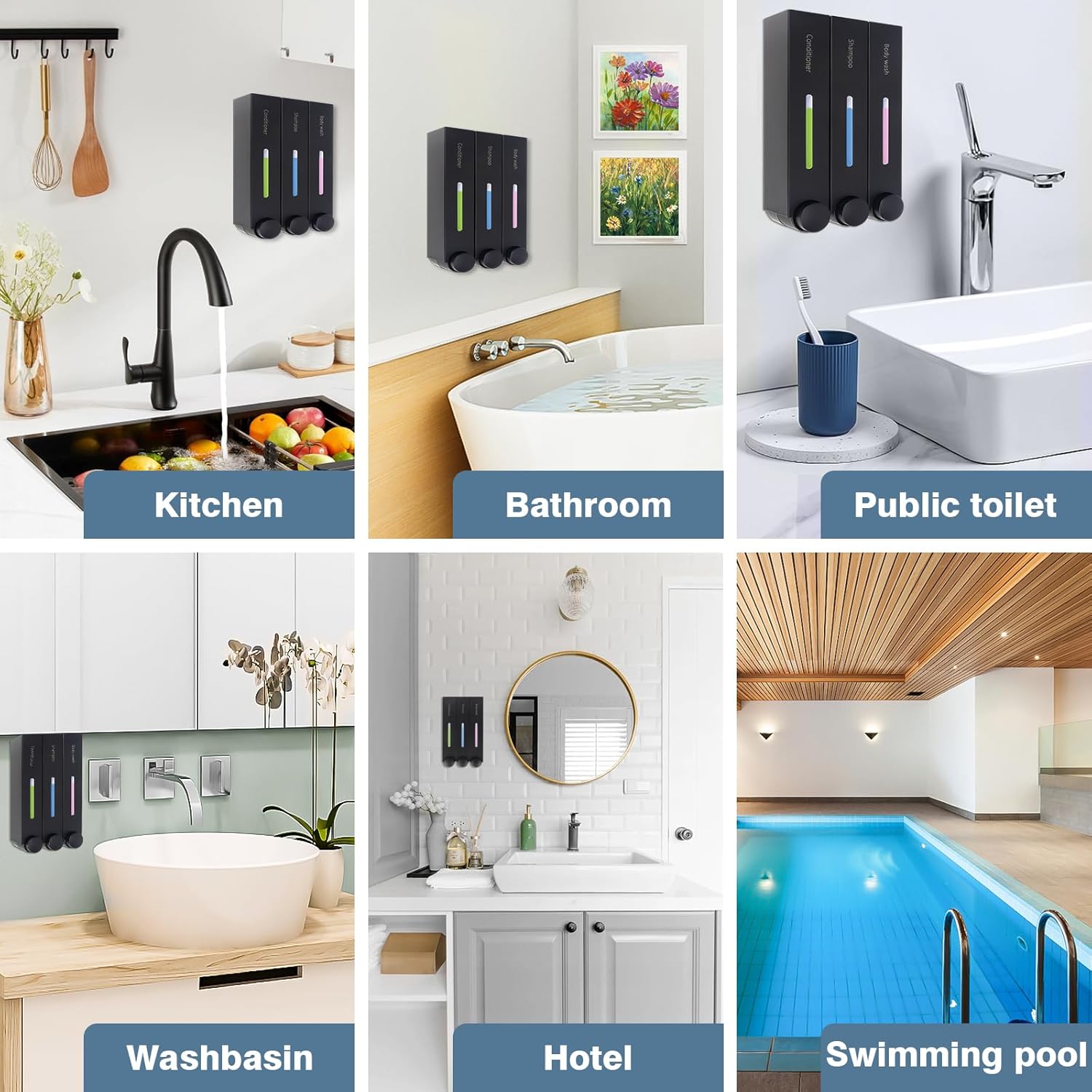 Shampoo Conditioner Dispenser, 3 Chamber 3x420ml Shower Soap Dispenser Shower Gel Container No Drill Wall Mounted Shower Pump Dispenser and Organizer for Toilet Bathroom Hotel Kitchen Black