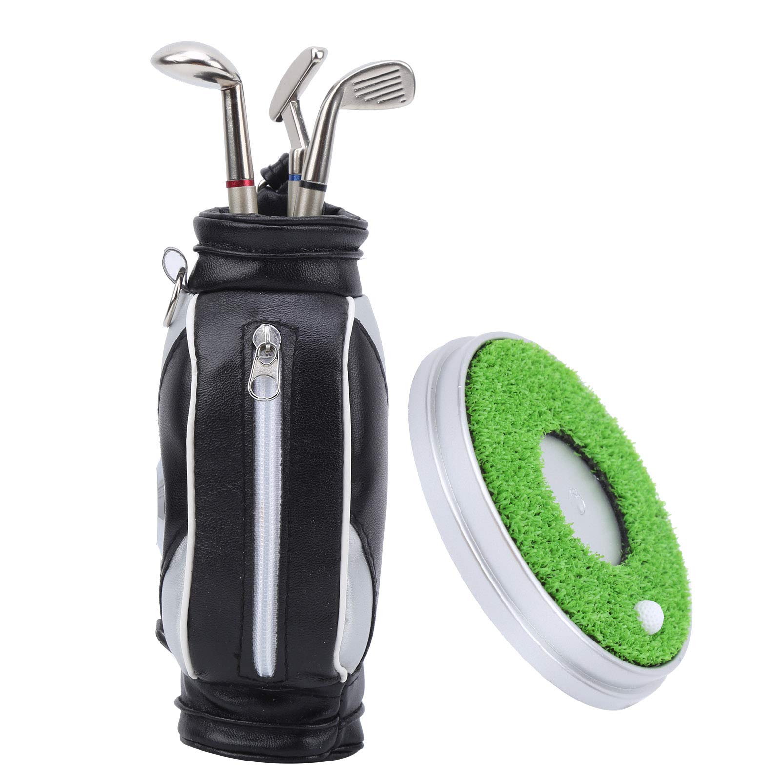 RiToEasysports Golftaschenstifthalter und -Basis, Mini Desktop Golftaschenstifthalter Miniaturmodell Dekoration Neuheit Geschenkset,Golf Stifte Geschenkset(Schwarzes Silber)