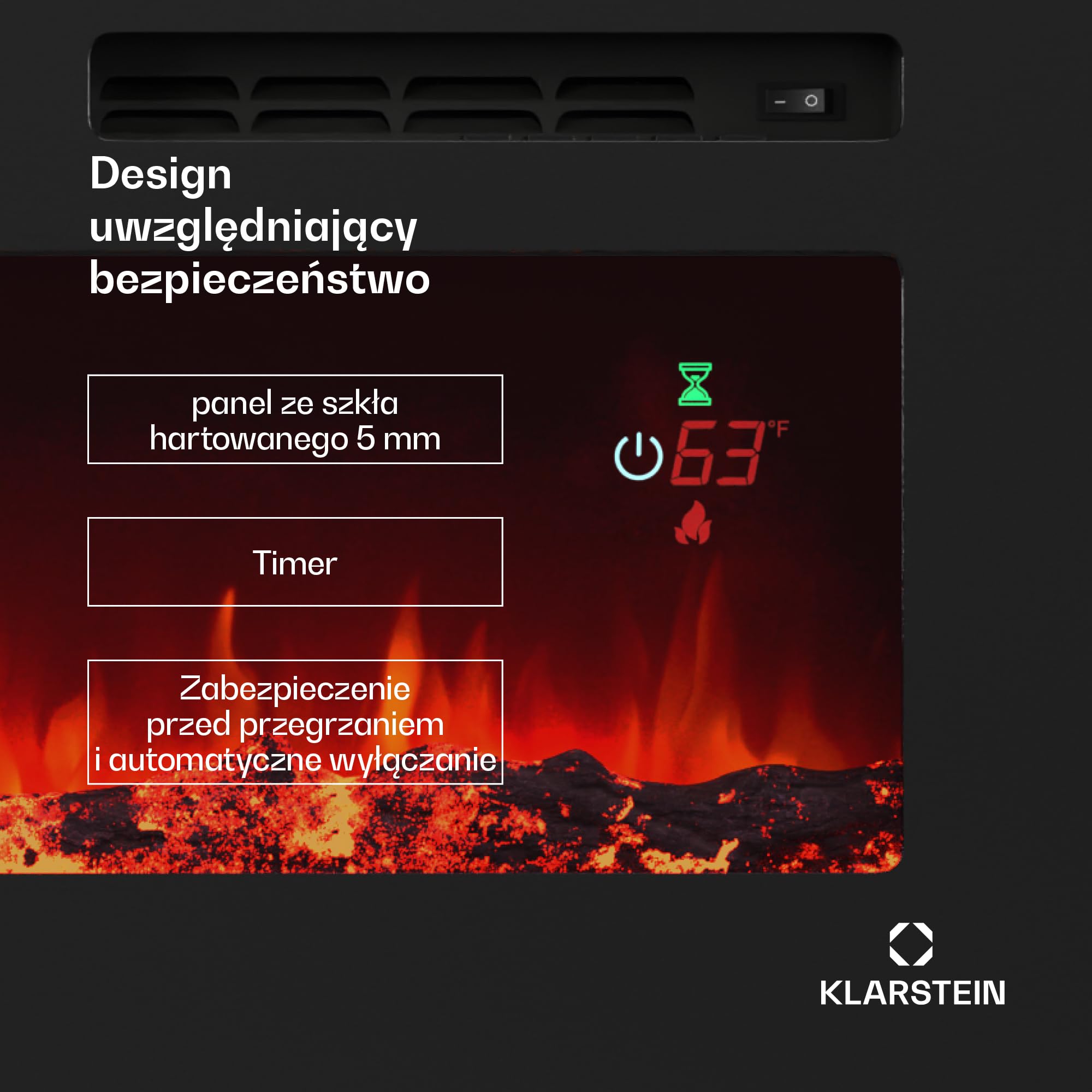 Klarstein Galeras Smart Kominek elektryczny - Moc grzewcza 1800 W, Realistyczne płomienie LED, Aplikacja i pilot, Regulowane kolory i jasność, Kominek ścienny elektryczny